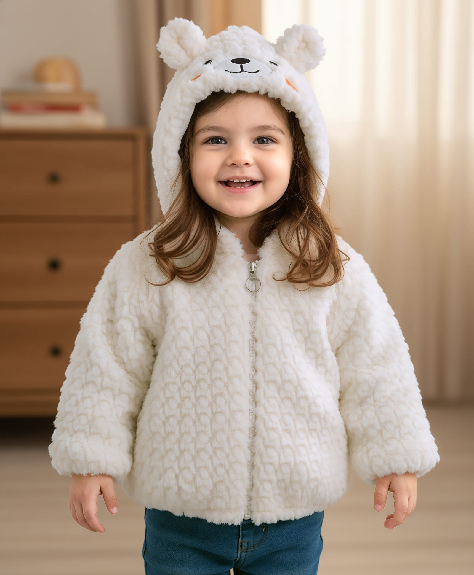 Babyhug Fur Woven Full Sleeves Hooded Winter Jacket With Bear & Ear Applique - White-picture-31