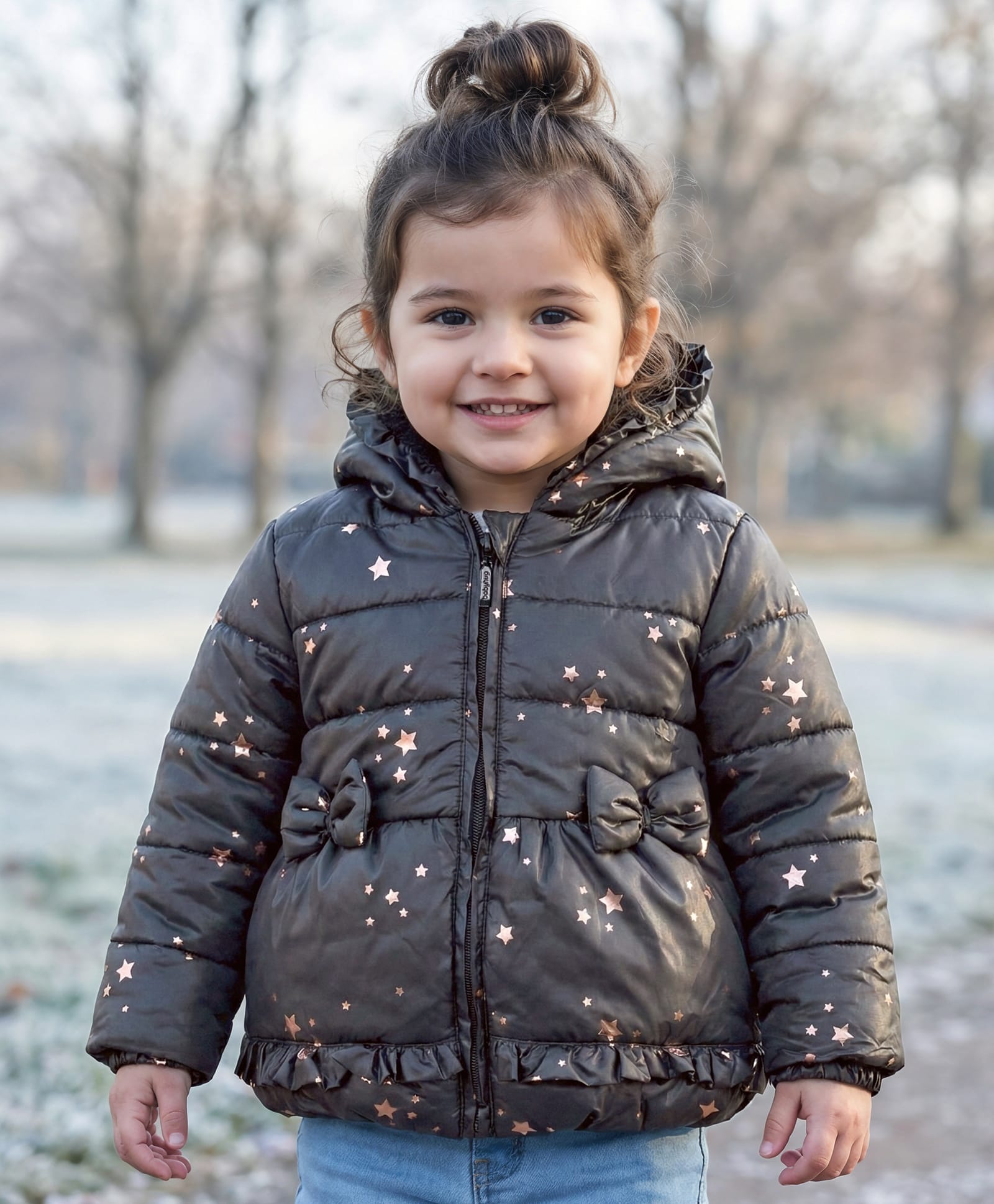 Babyhug Woven Full Sleeves Hooded Padded Jacket With Foil Star Print - Charcoal Grey-image-14