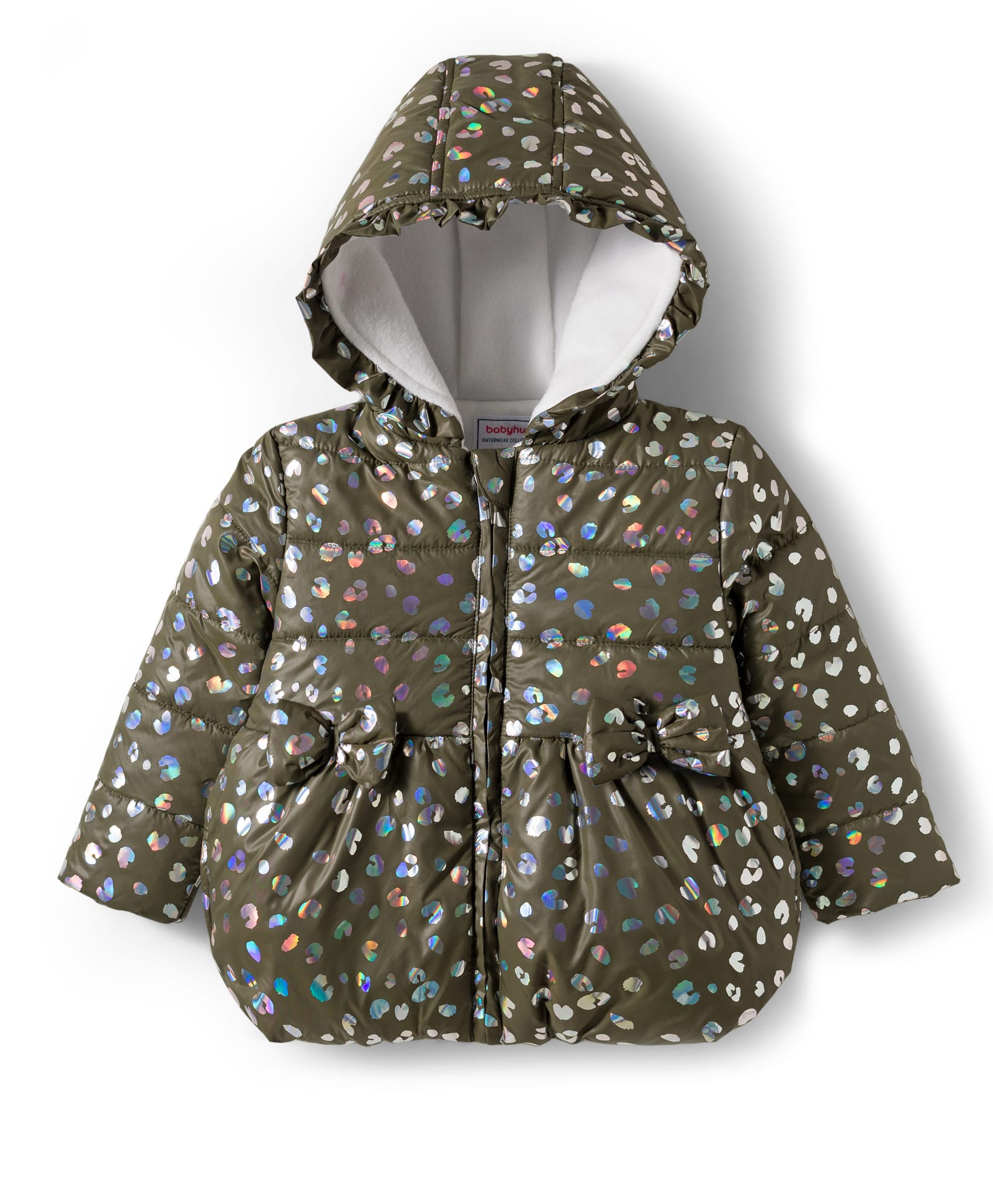 Babyhug Woven Full Sleeves Printed Hooded Padded Jacket With Bow Applique - Olive Green-image-47