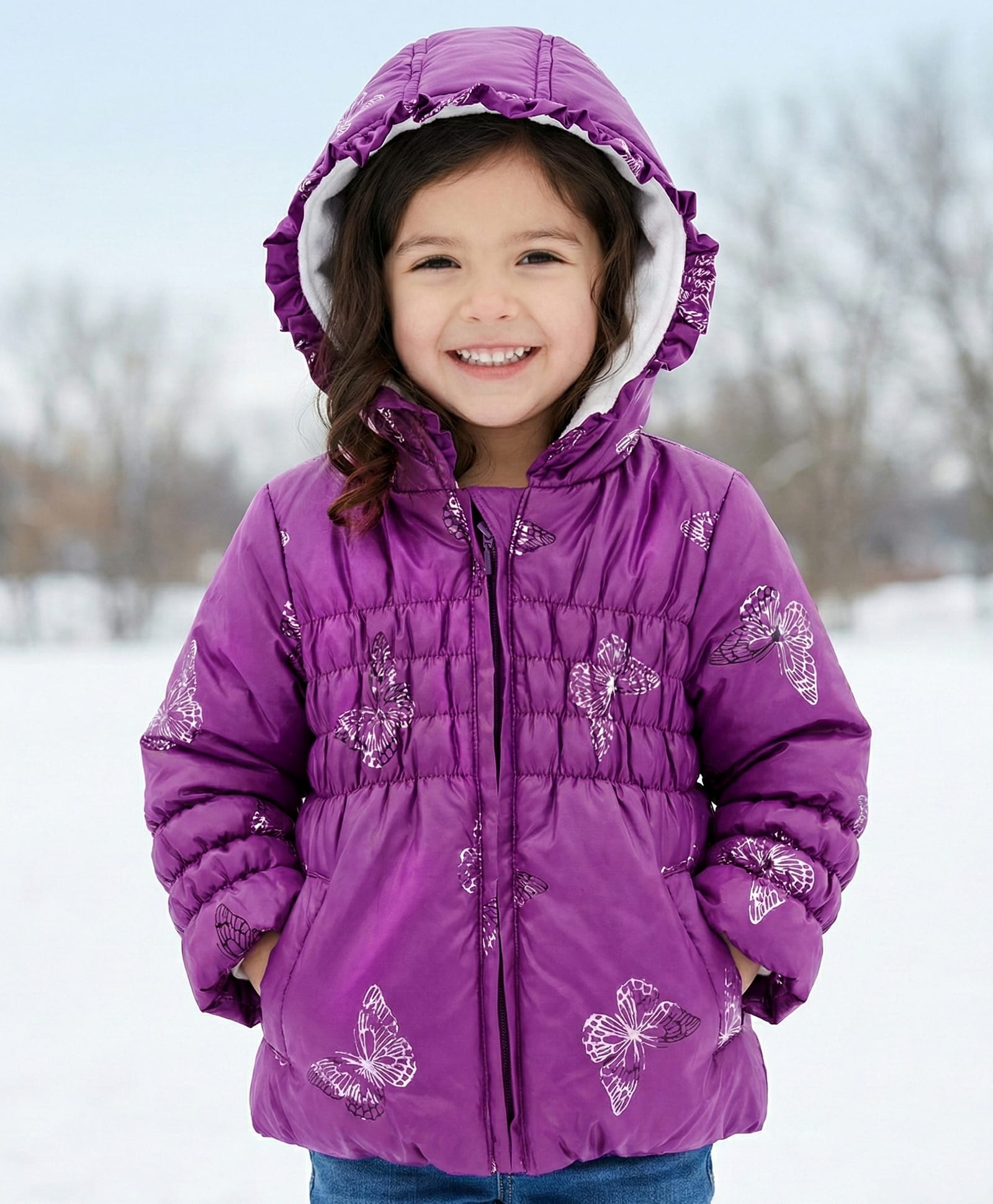 Babyhug Woven Full Sleeves Hooded Padded Jacket With Butterfly Print - Purple
