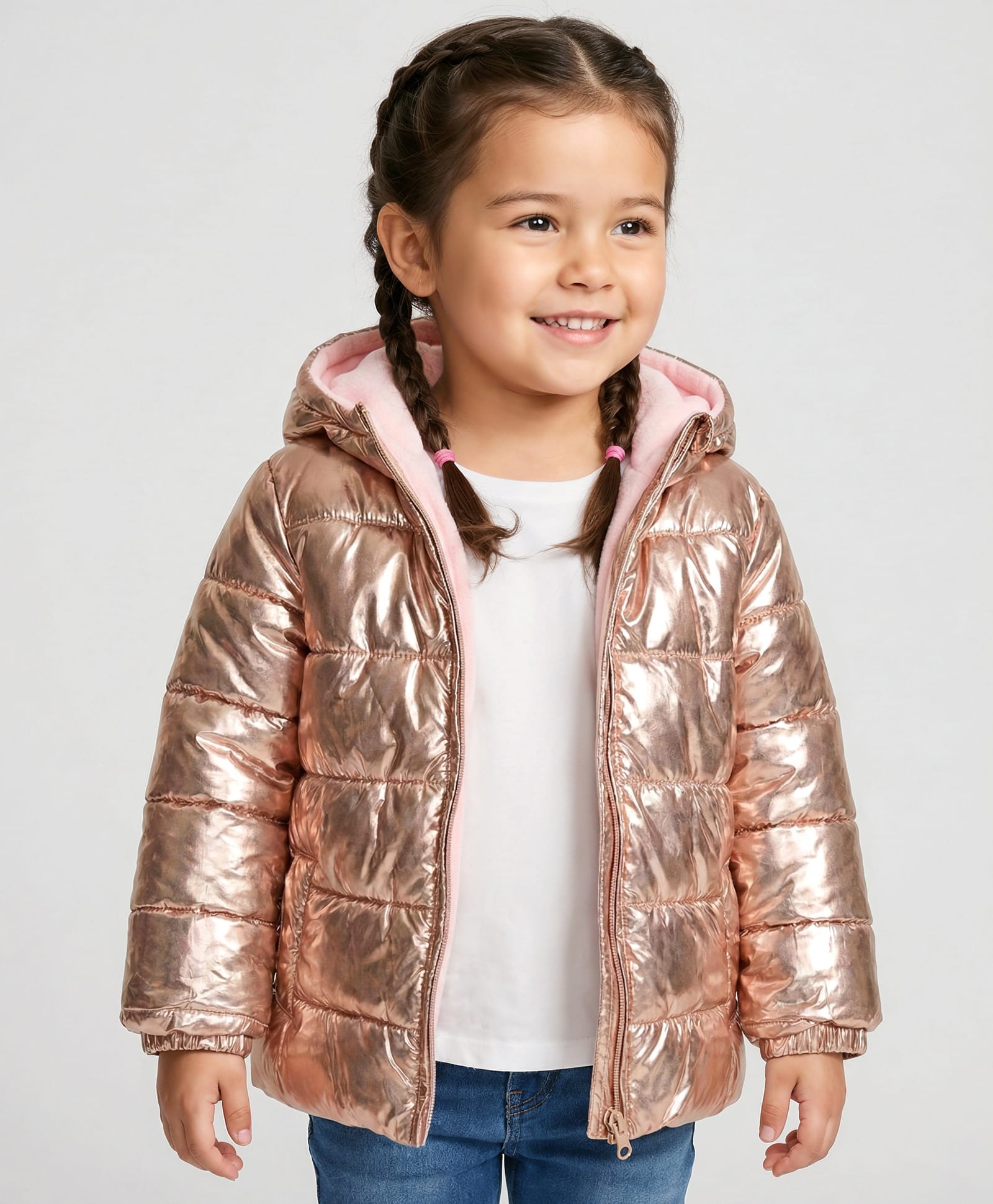 Babyhug Woven Full Sleeves Solid Metallic Color Hooded Padded Jacket - Pink