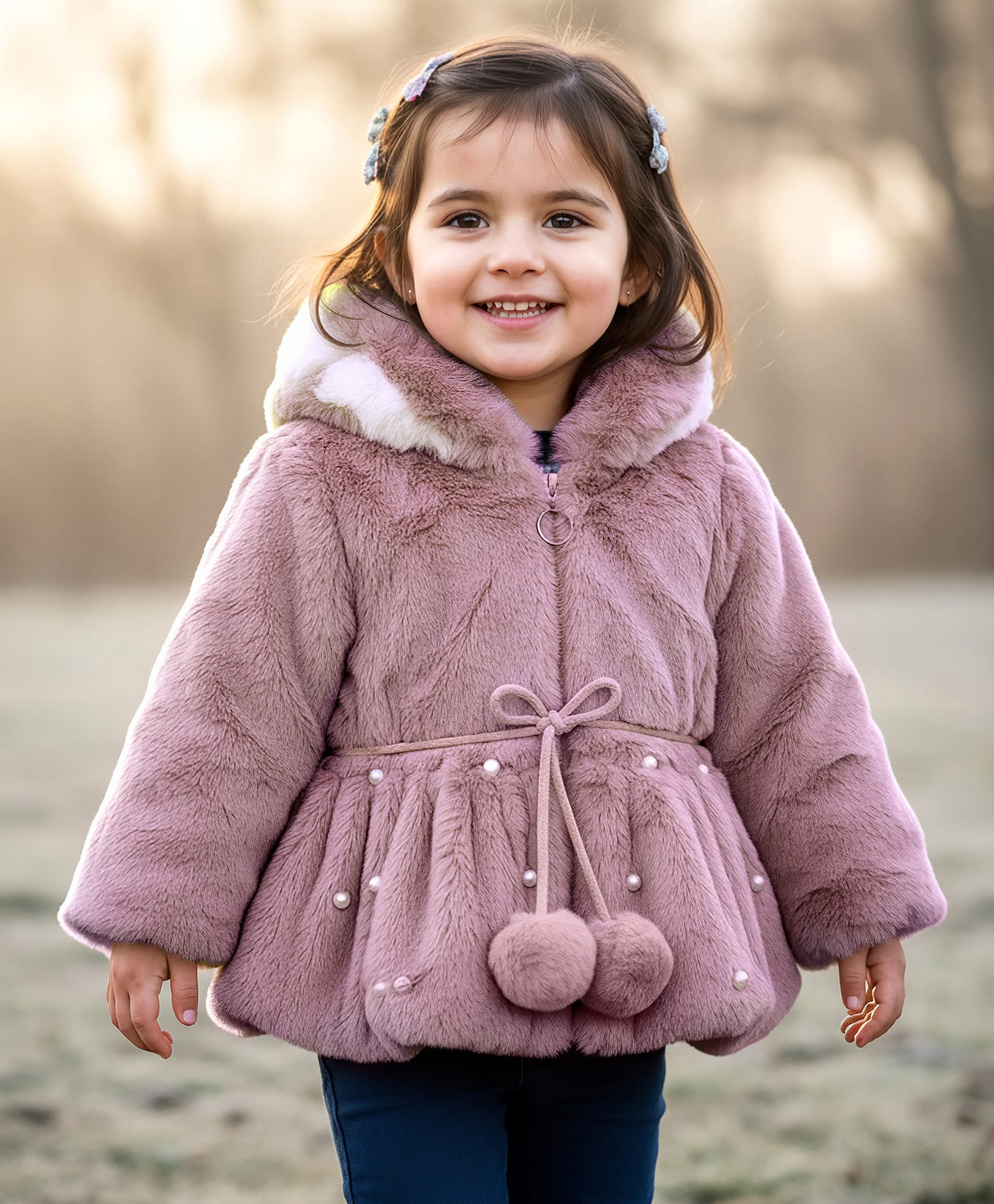 Babyhug Woven Full Sleeves Hooded Fur Winter Jacket with Pearl Detailing - Pink-image-16