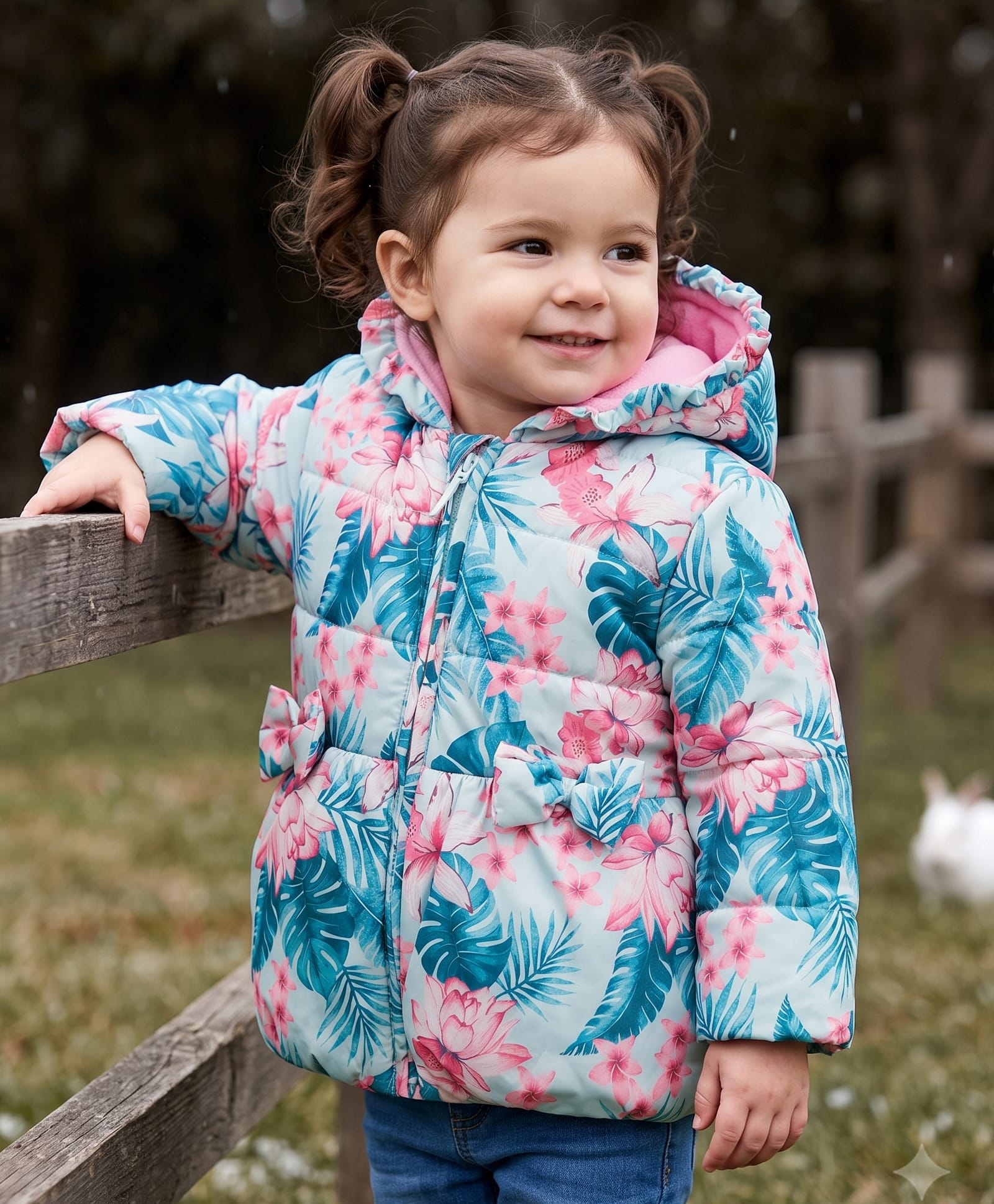 Babyhug Woven Full Sleeves Hooded Padded Jacket with Floral Print & Bow Applique - Pink & Blue-picture-25