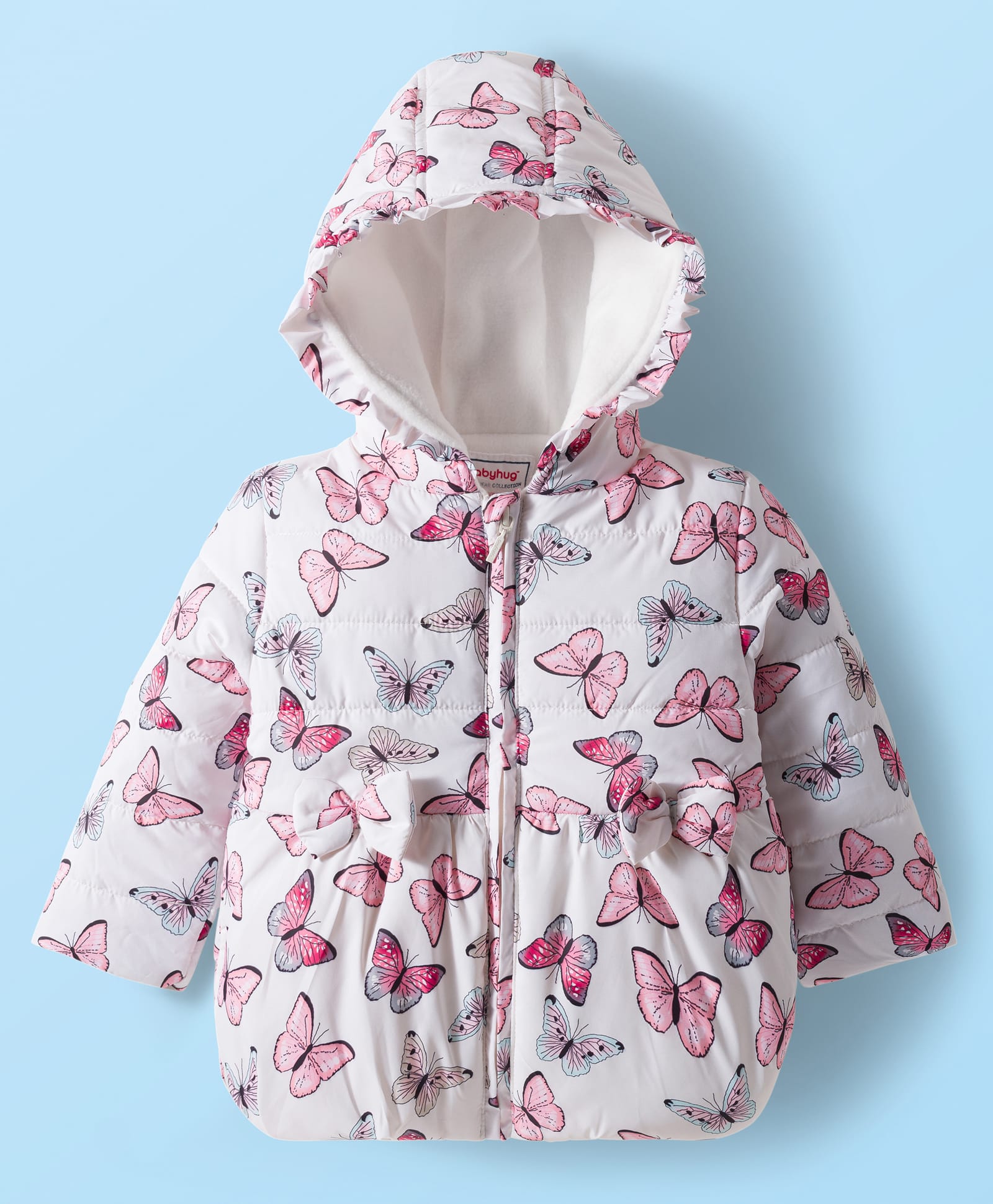 Babyhug Woven Full Sleeves Hooded Padded Jacket with Butterfly Print & Bow Applique - White-picture-10