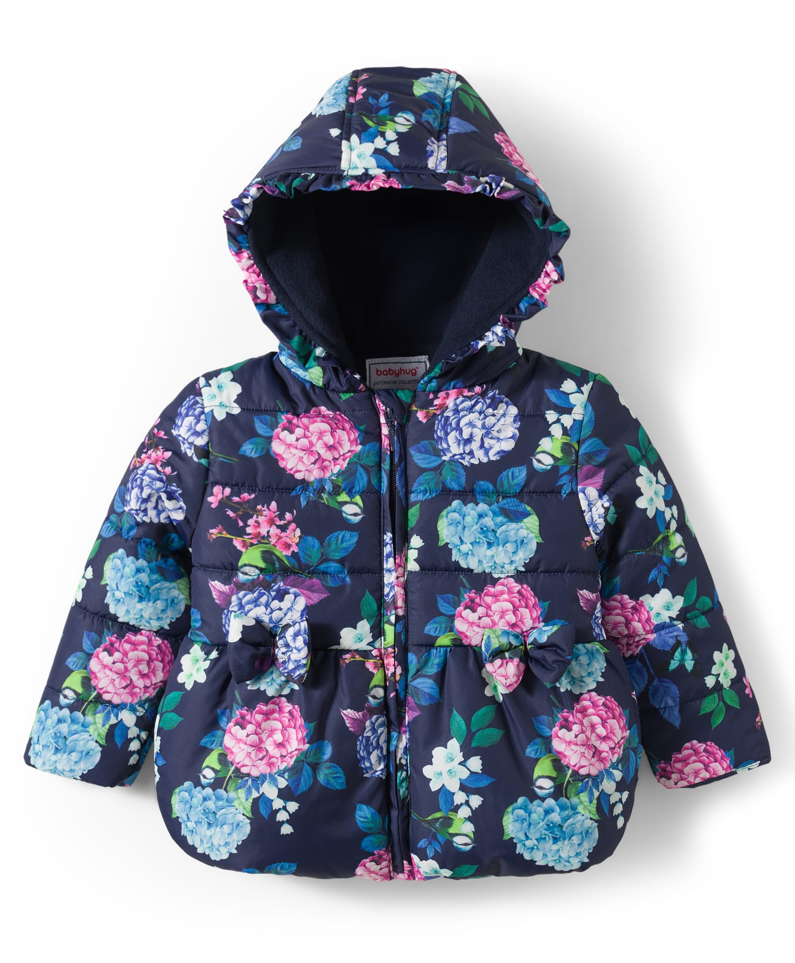 Babyhug Woven Full Sleeves Hooded Padded Jacket With Floral Print & Bow Applique - Navy Blue-picture-23