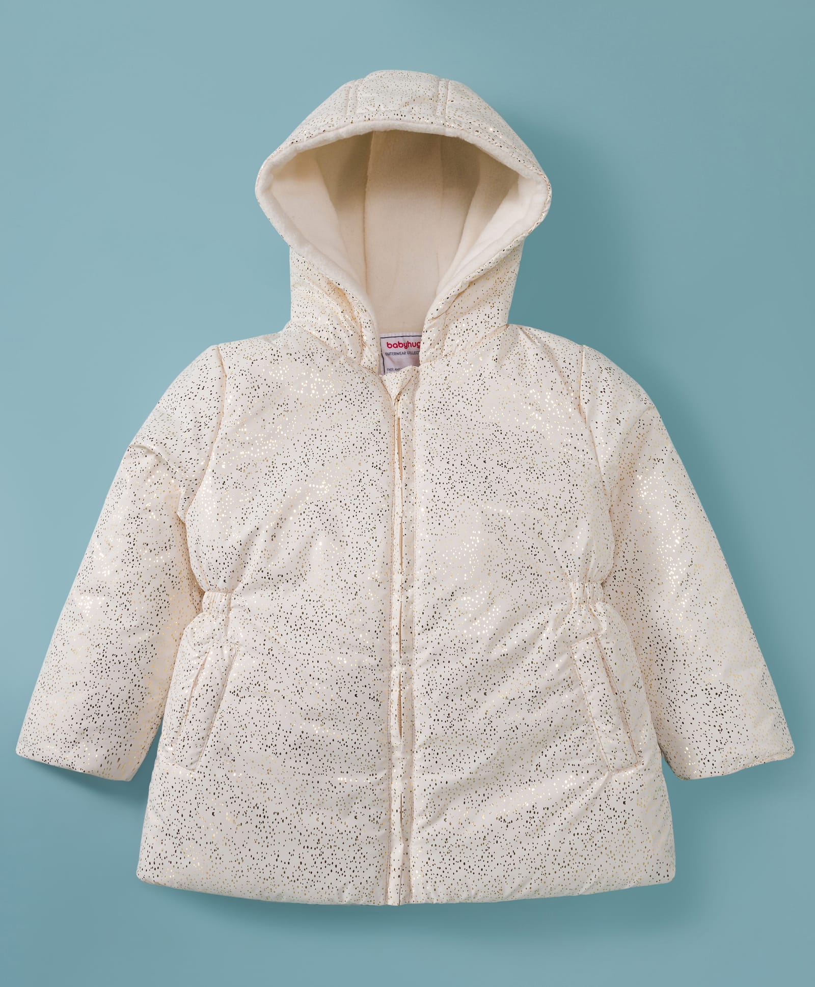 Babyhug Woven Full Sleeves Hooded Padded Jacket With Glitter Print - White-picture-21