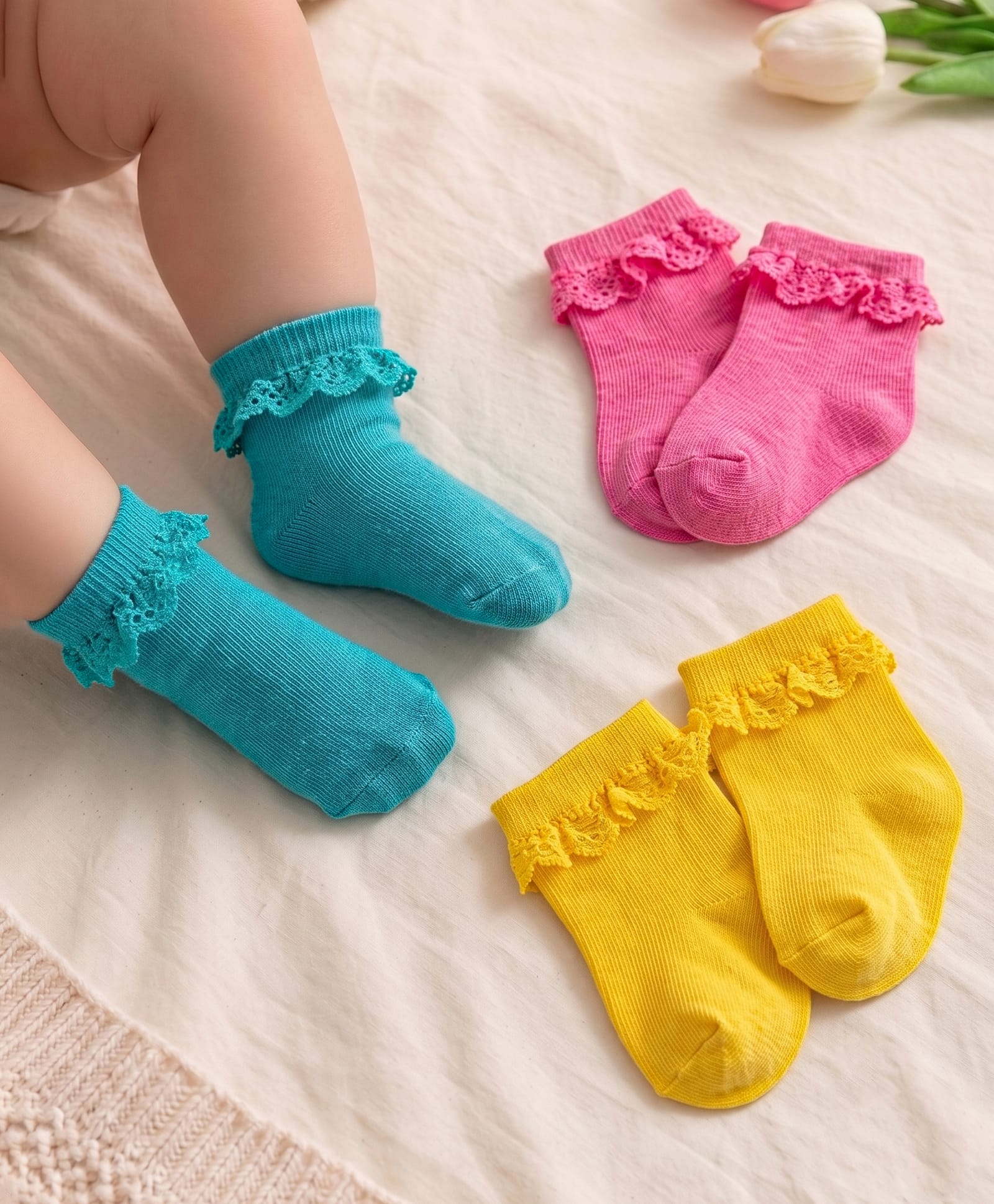 Cute Walk by Babyhug Knit Ankle Length Socks with 3D Lace Detailing Pack of 3 - Multicolor-image-43