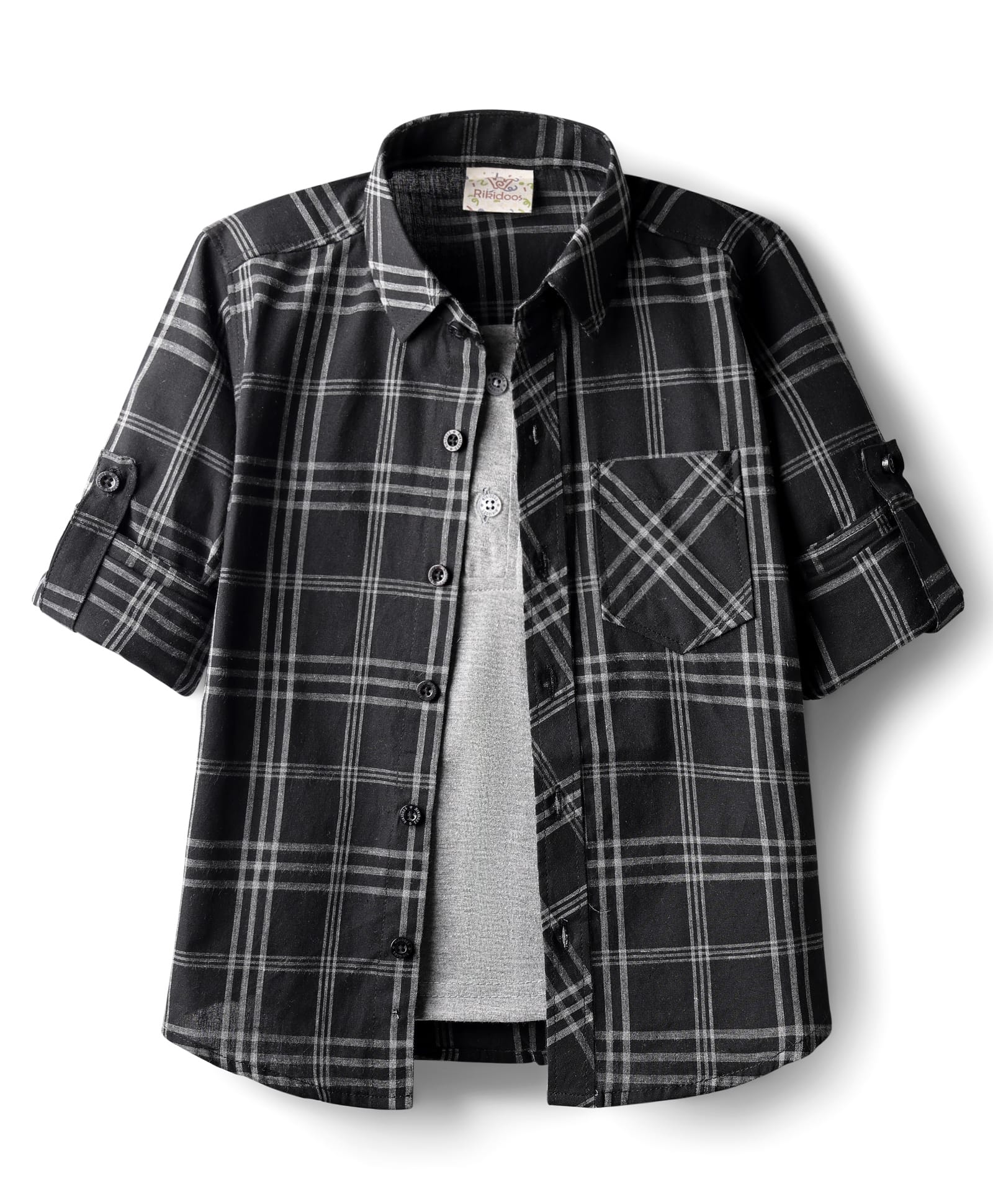 Rikidoos Full Sleeves Checked Shirt With Attached Tee - Black & Grey-image-41