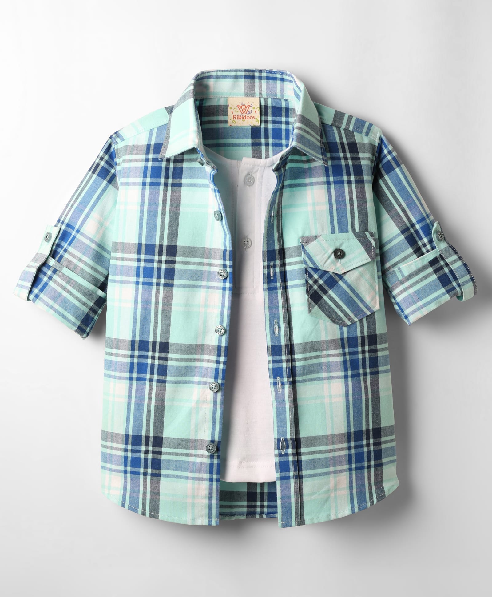 Rikidoos Full Sleeves Checked Shirt With Attached Tee - Sea Green & White-picture-2