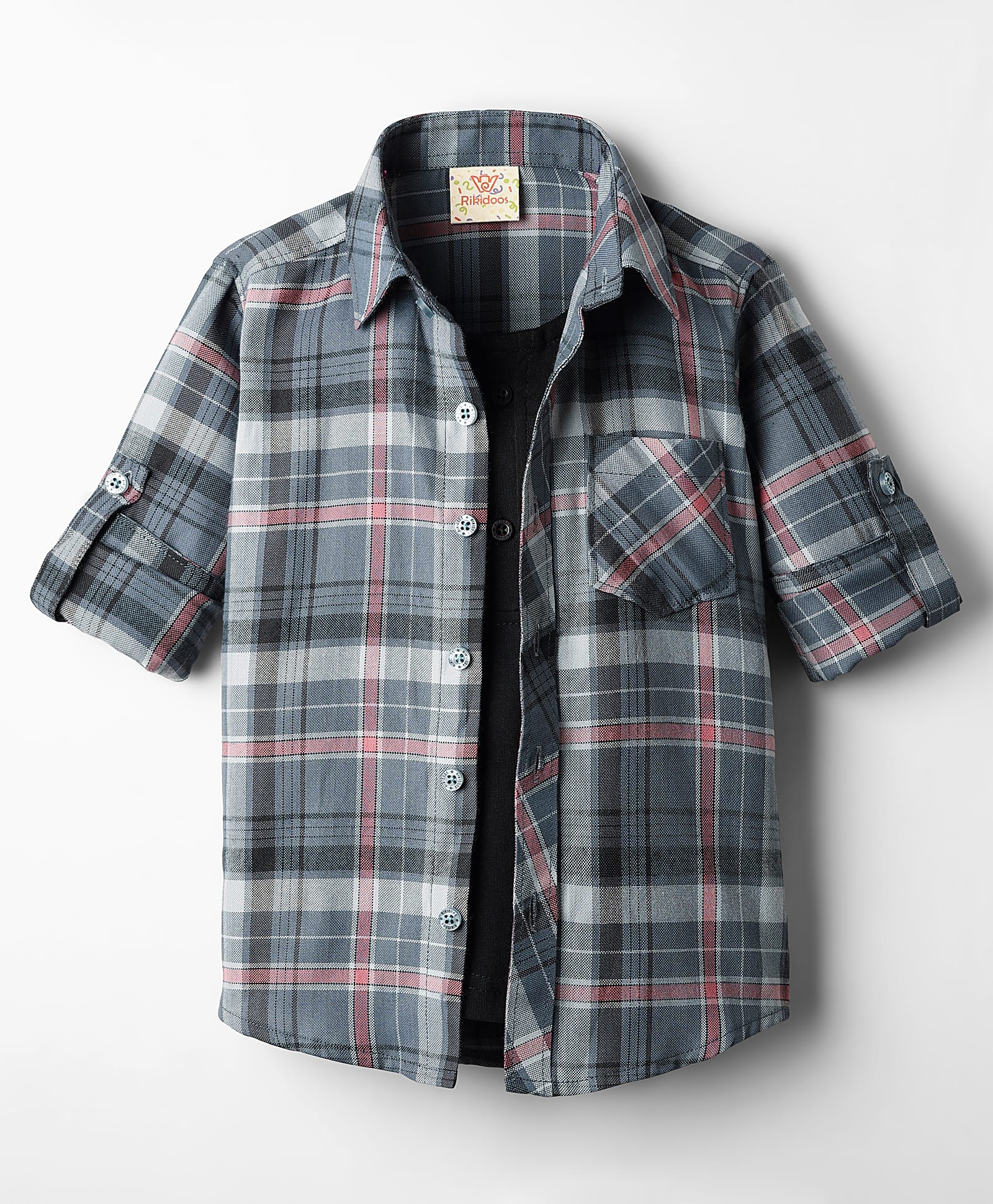Rikidoos Full Sleeves Checked Shirt With Attached Tee - Grey & Black-picture-22