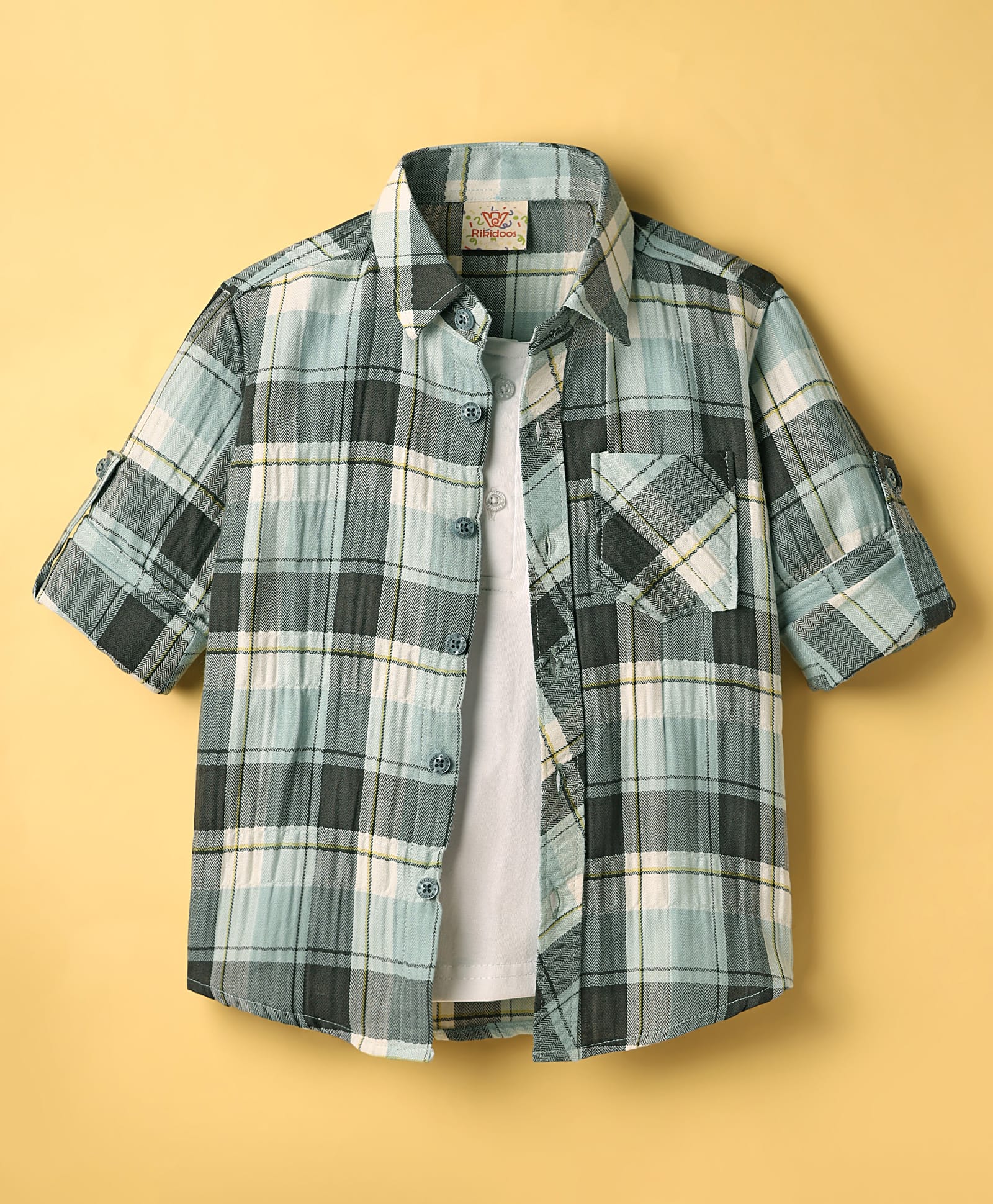 Rikidoos Full Sleeves Checked Shirt With Attached Tee - Mint Blue & White-picture-15
