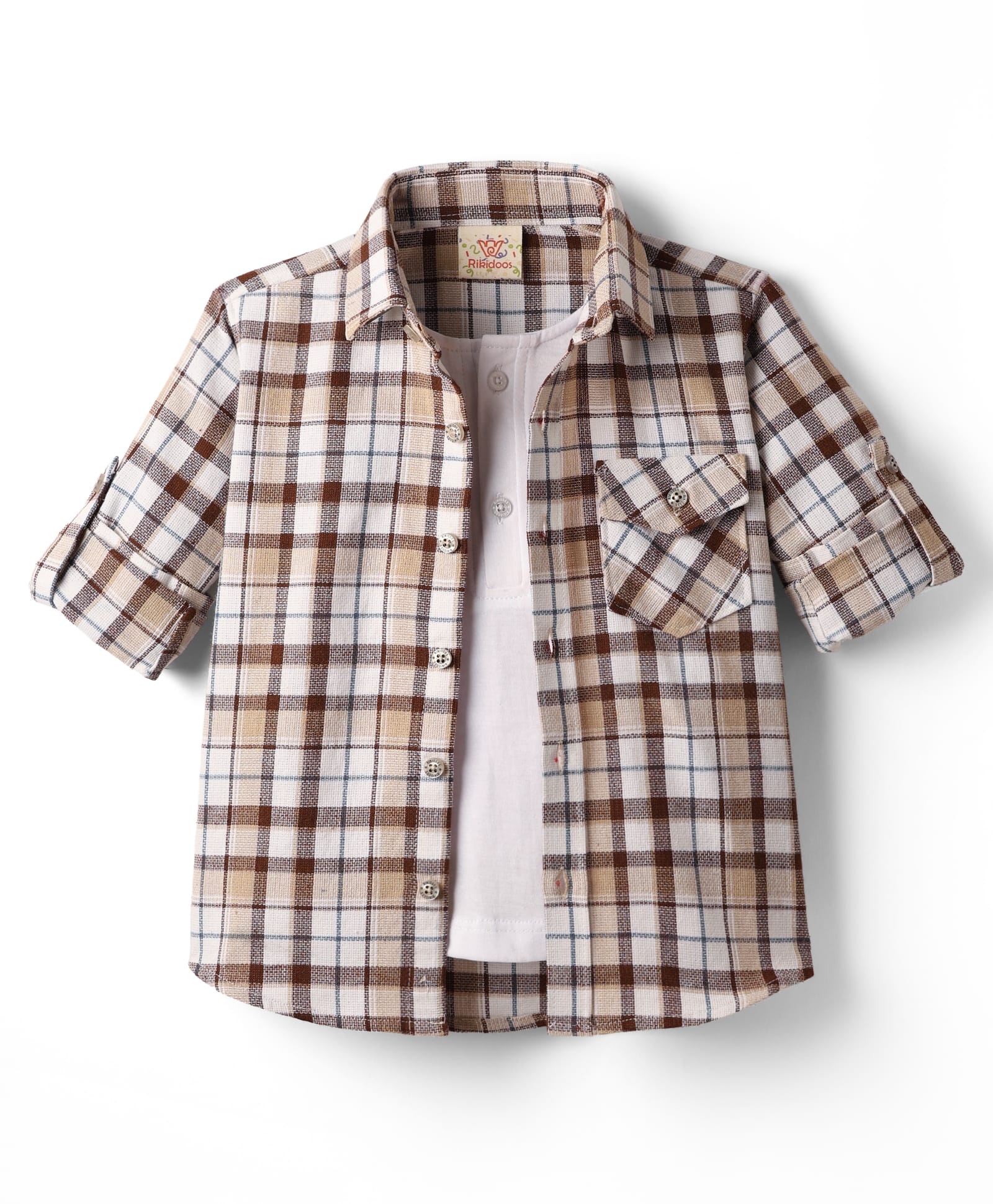 Rikidoos Full Sleeves Checked Shirt With Attached Tee - Beige & White-picture-24