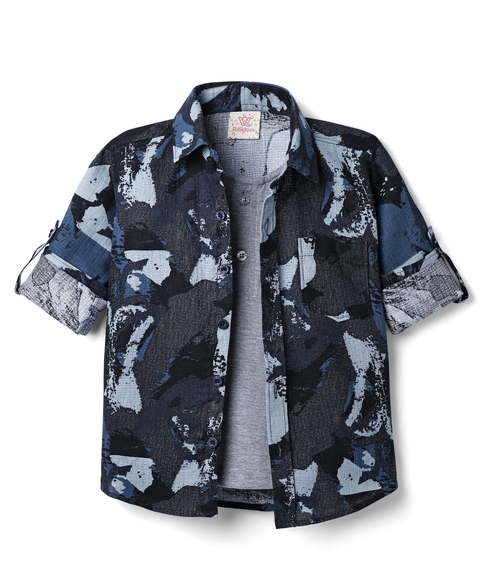 Rikidoos Full Sleeves Colour Blocked Shirt With Attached Tee - Navy Blue & Grey-picture-40