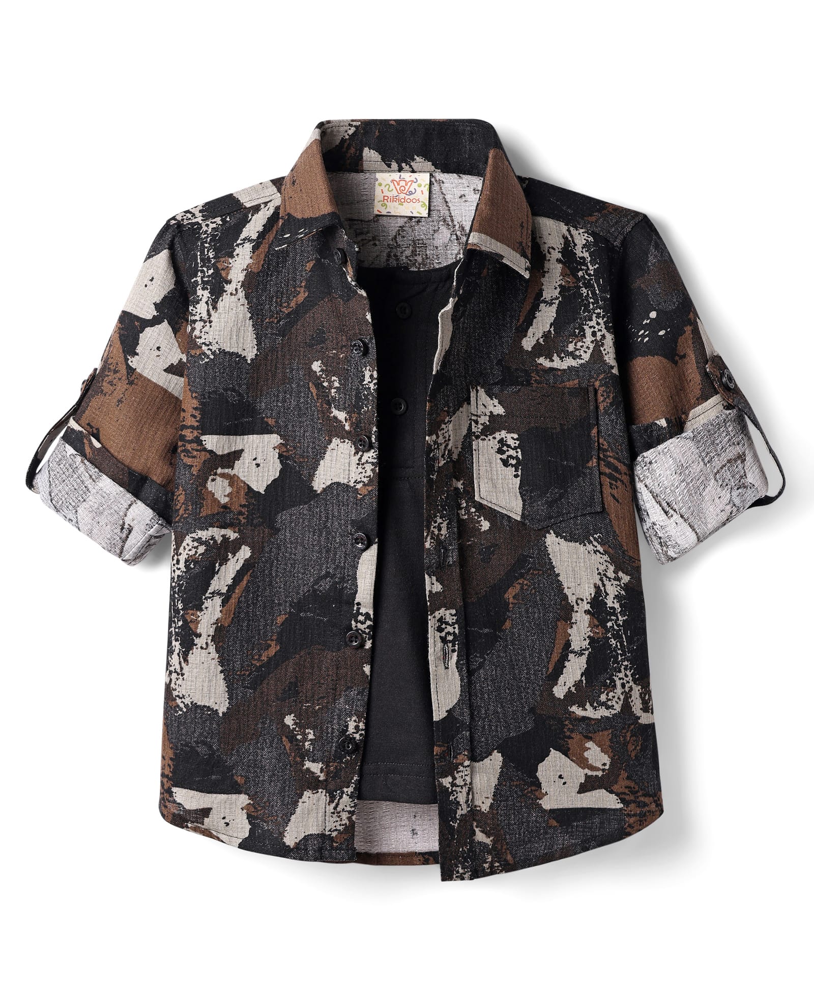 Rikidoos Full Sleeves Colour Blocked Shirt With Attached Tee - Brown & Black-image-48