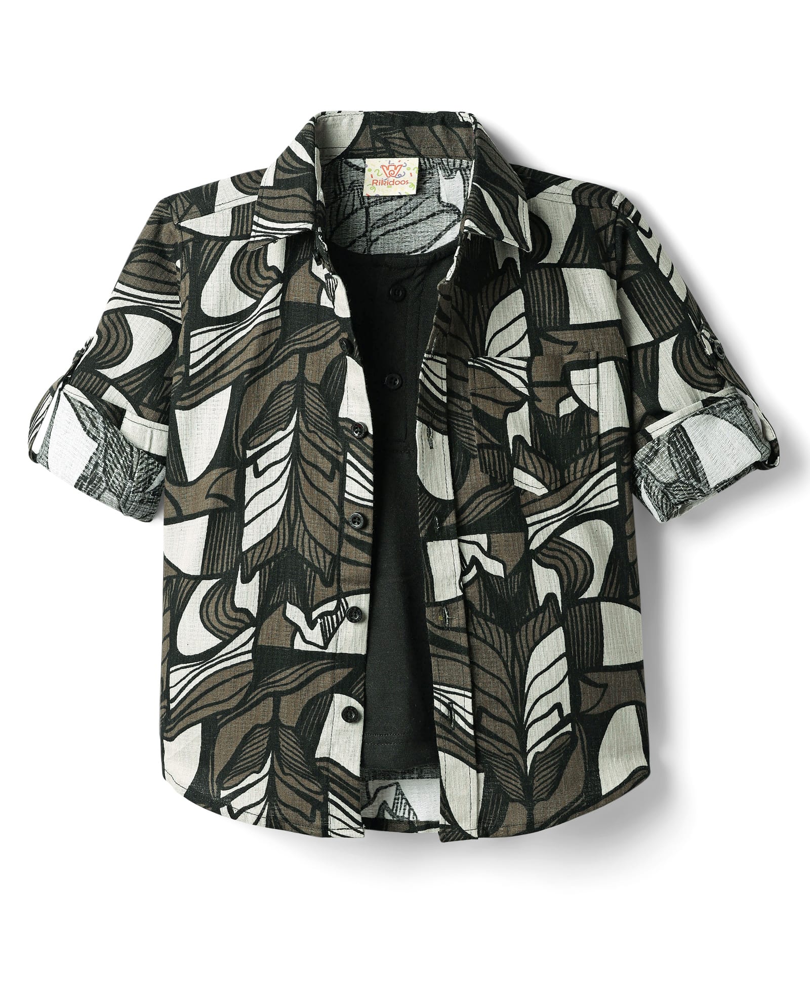 Rikidoos Full Sleeves Leaves Printed Shirt With Attached Tee - Coffee Brown & Black-picture-12