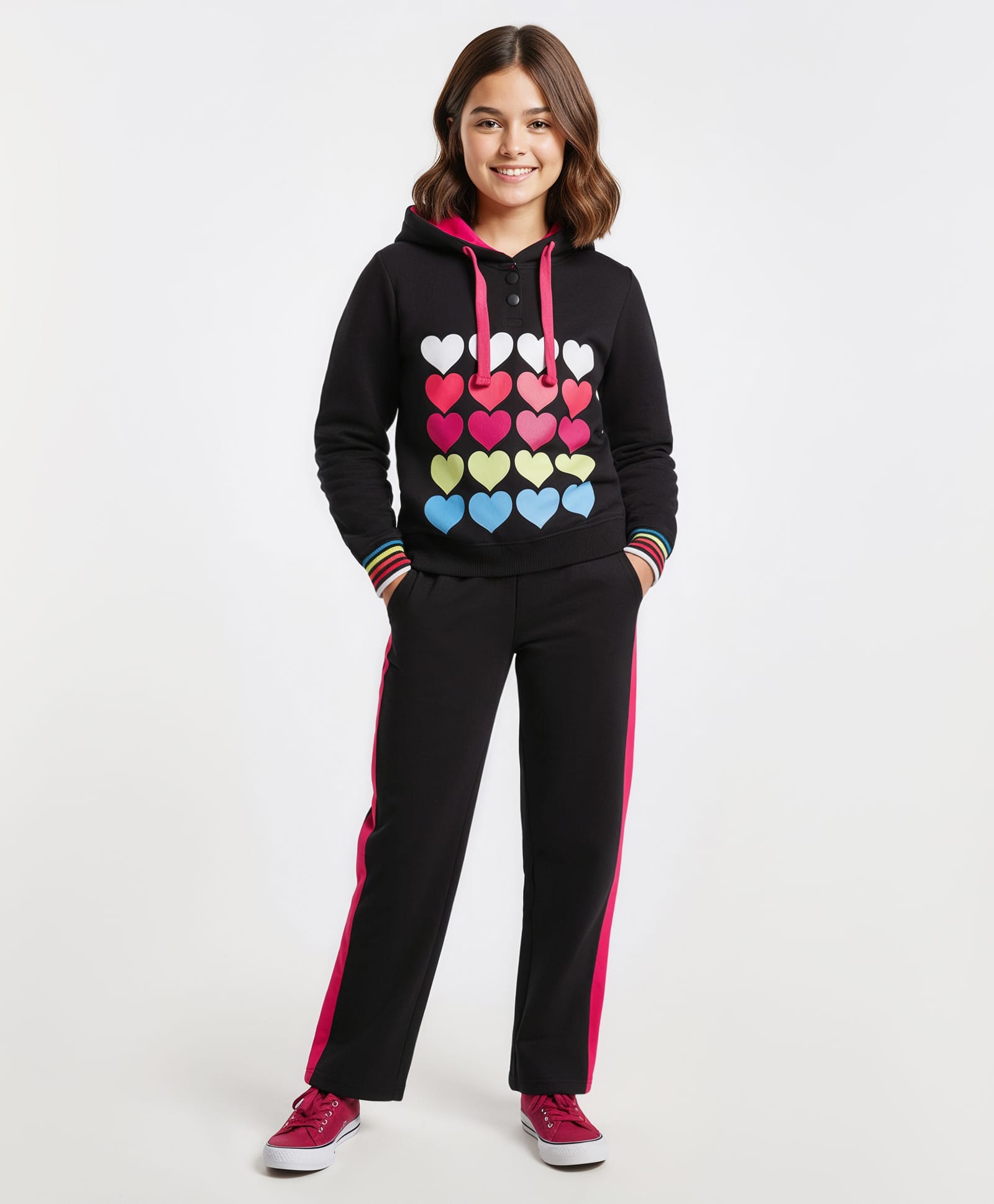 Pine Kids Looper Knit Full Sleeves Winter Wear Hooded Sweatshirt & Lounge Pant Set with Heart Print - Black & Dark Pink-picture-13