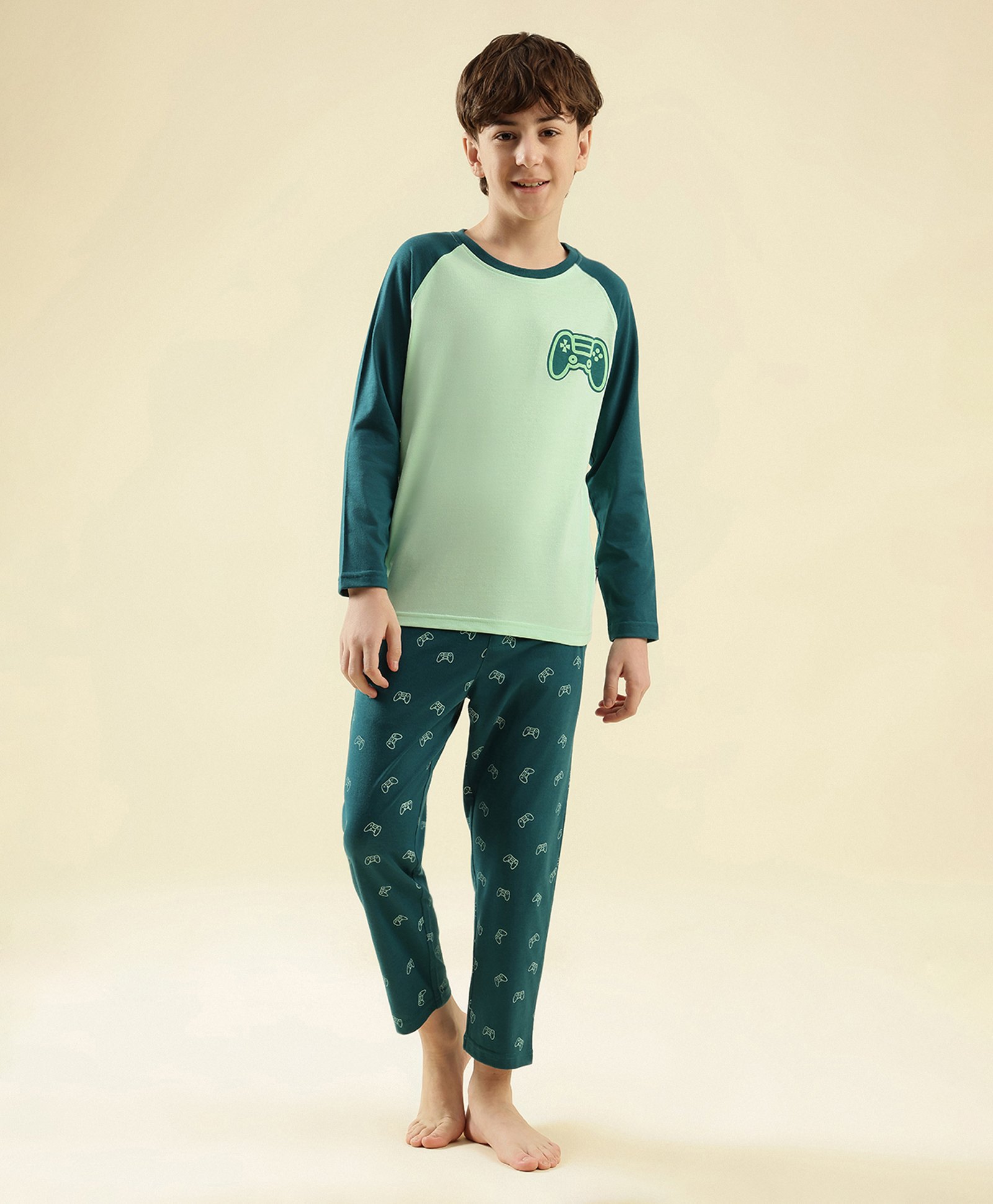 Lil Tomatoes Cotton Knit Full Sleeves Gaming Remote Printed Night Suit Set - Light Green-picture-17