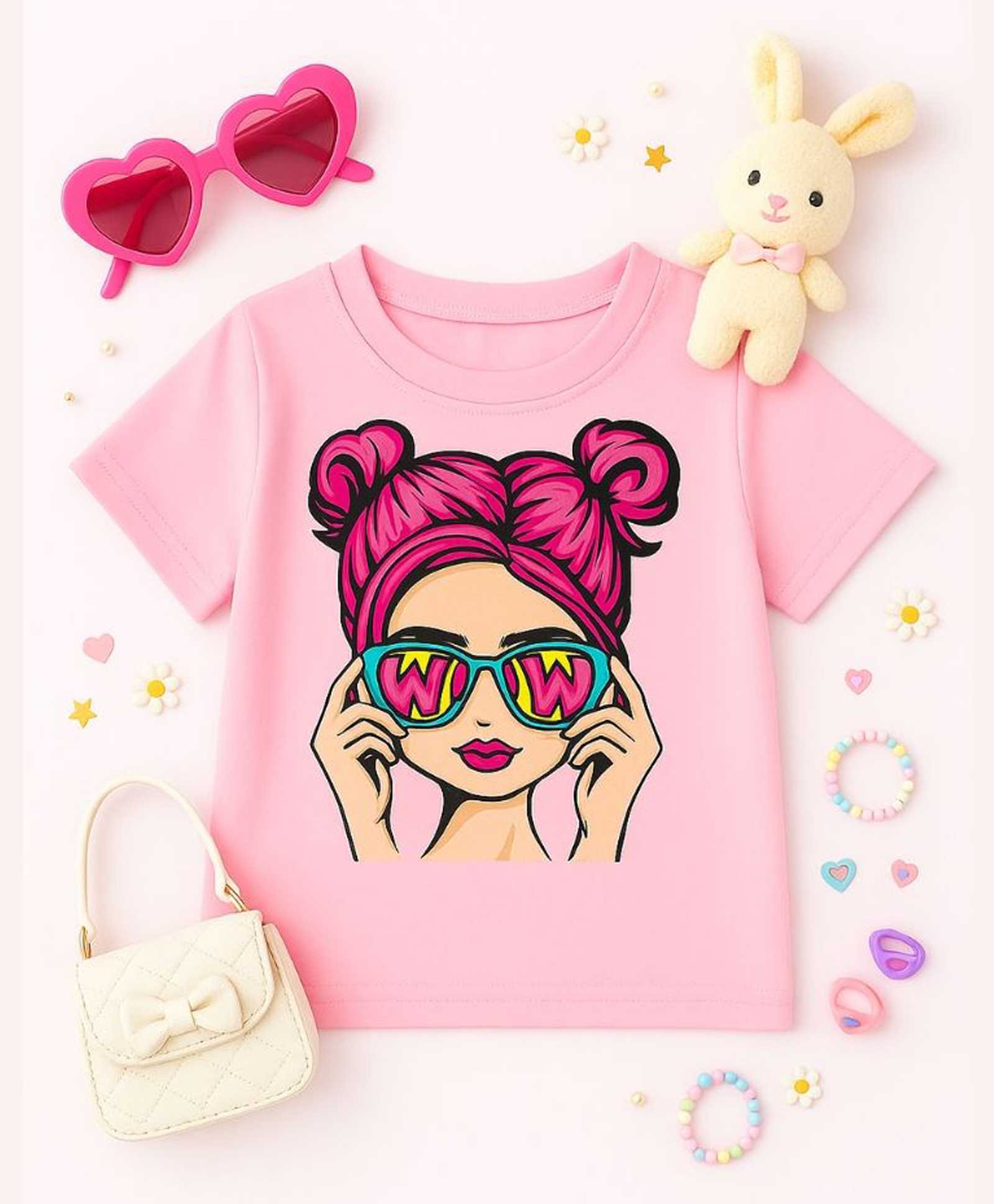 Luke and Lilly Cotton Knit Half Sleeves Cute Girl Printed Tee - Pink-image-33