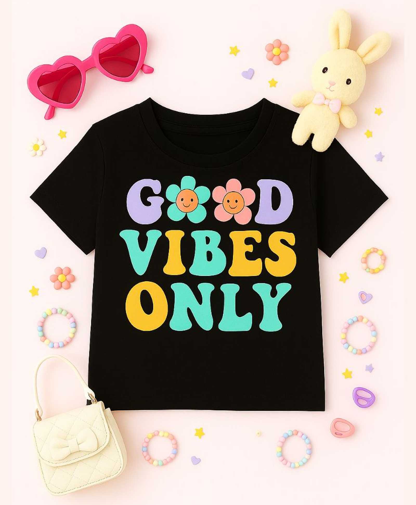 Luke and Lilly Cotton Knit Half Sleeves Good Vibes Only Text Printed Tee - Black-picture-12