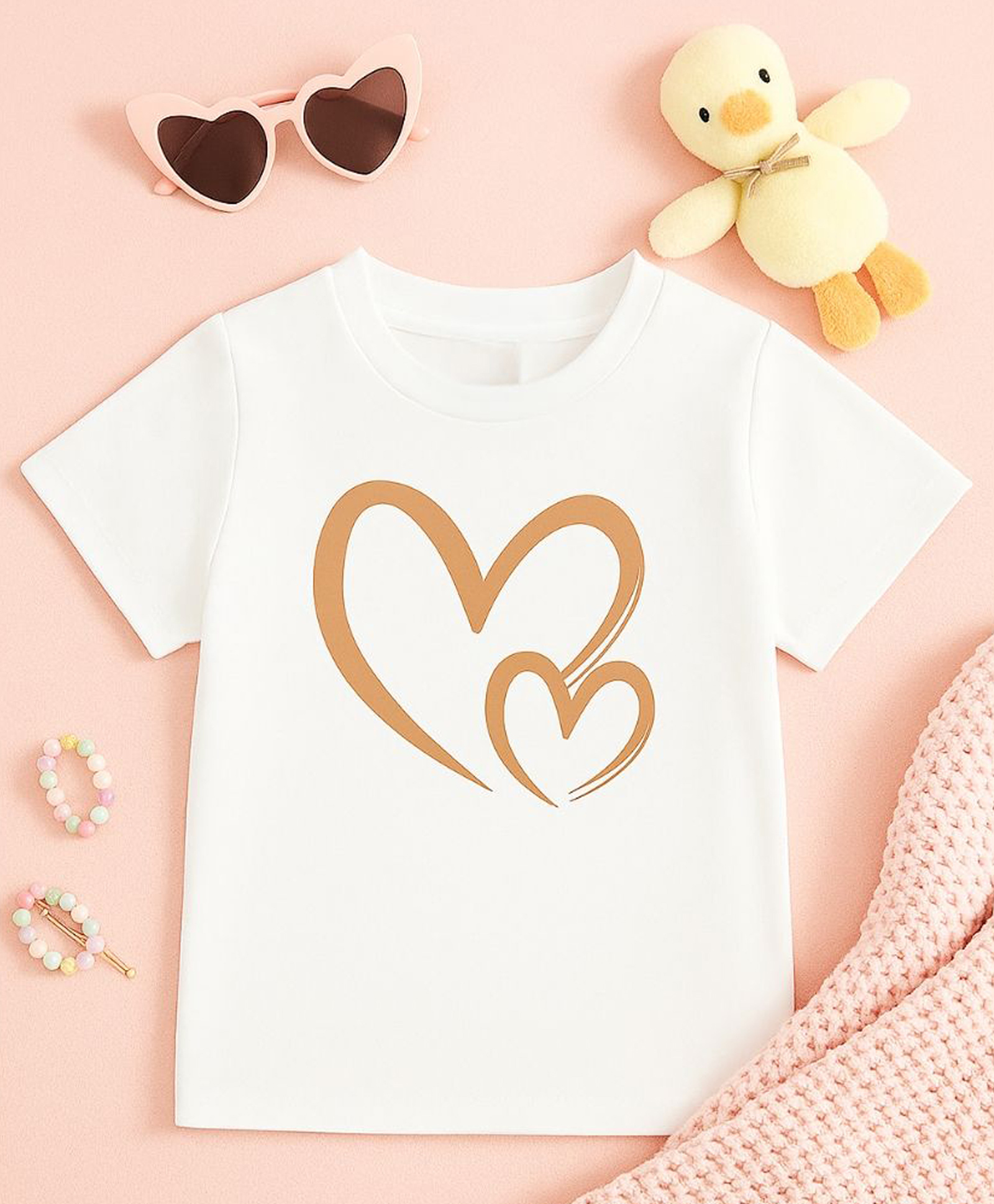 Luke and Lilly Cotton Knit Half Sleeves Double Heart Printed Tee - White-picture-28