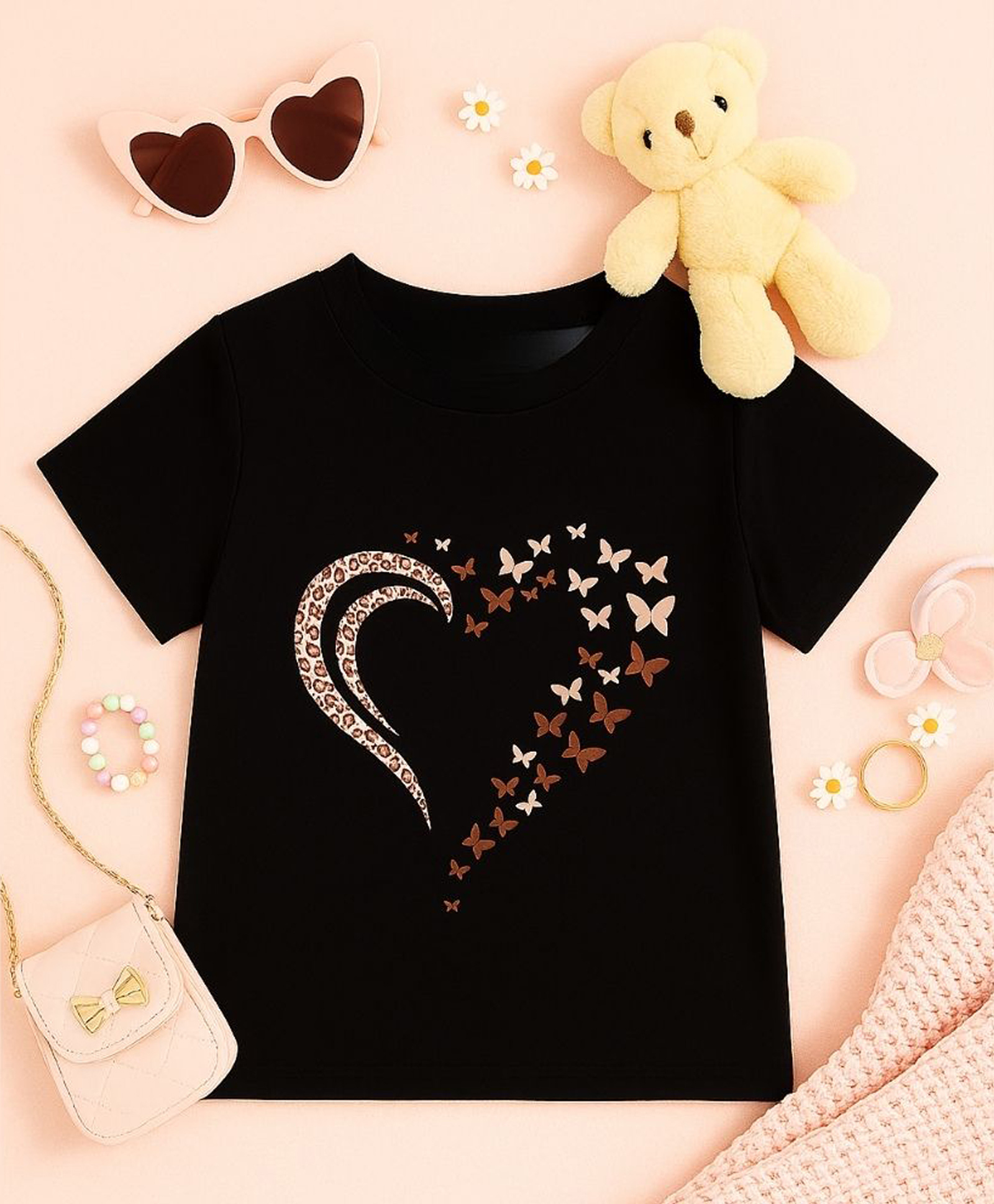 Luke and Lilly Cotton Knit Half Sleeves Heart & Butterfly Printed Tee - Black-image-14