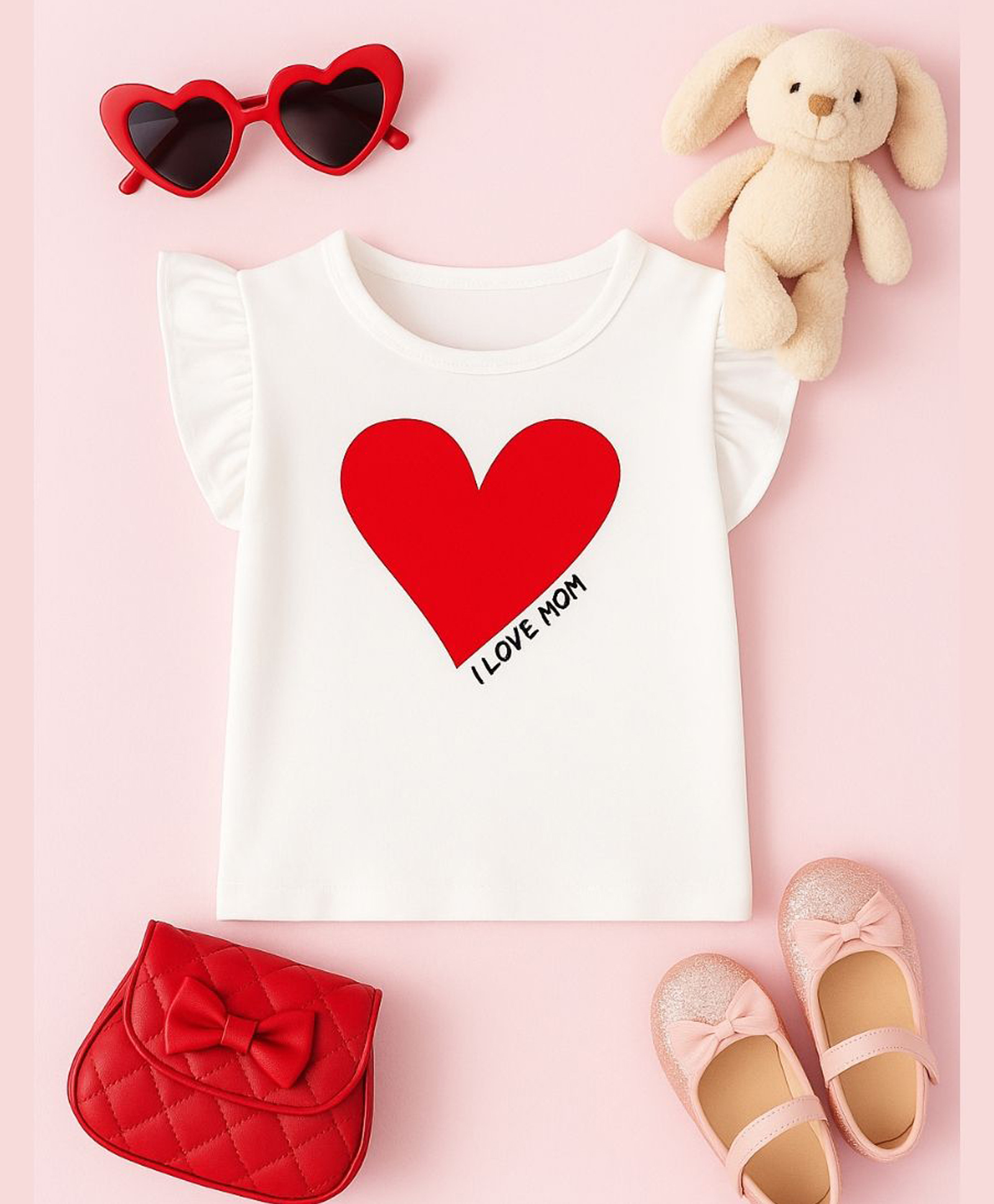 Luke and Lilly Cotton Knit Half Frill Sleeves I Love Mom Text & Heart Printed Top - White-image-21