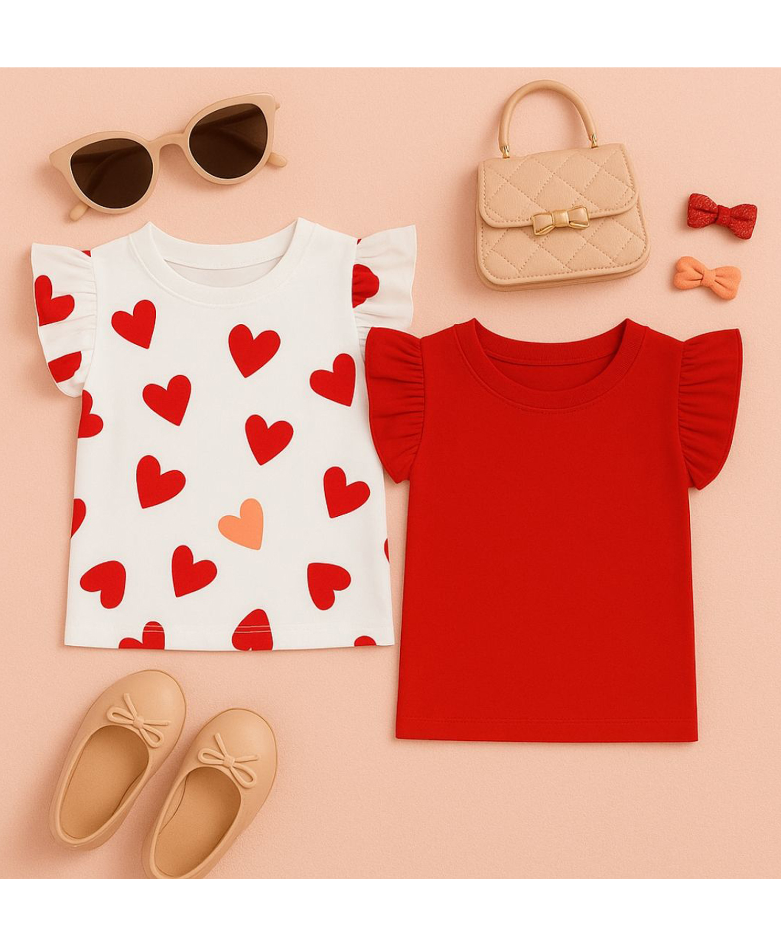 Luke and Lilly Cotton Knit Pack Of 2 Half Frill Sleeves Solid & Hearts Printed Tops - White & Red-image-41