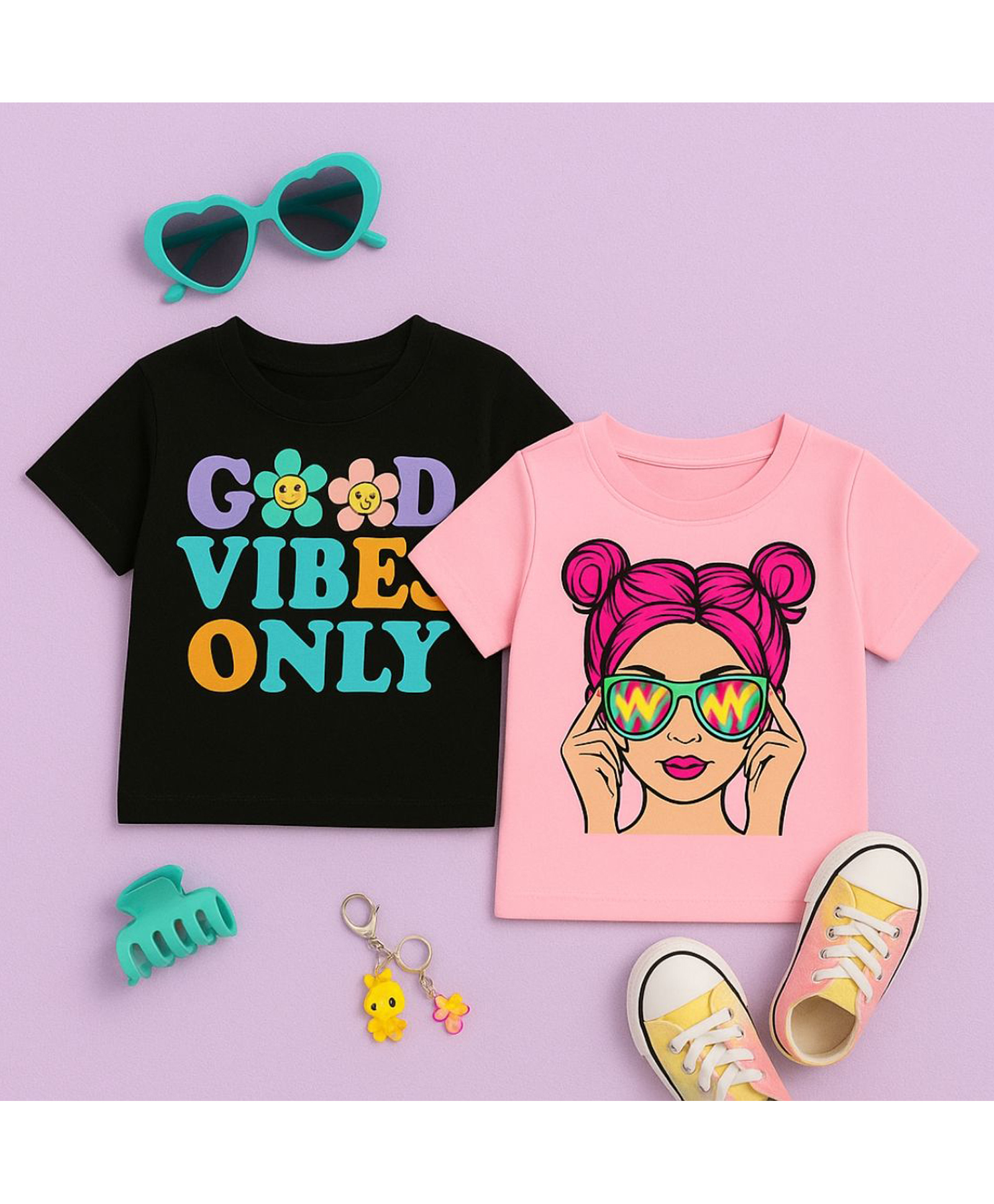 Luke and Lilly Cotton Knit Pack Of 2 Half Sleeves Cute Girl & Good Vibes Only Text Printed Tees - Black & Pink-picture-11