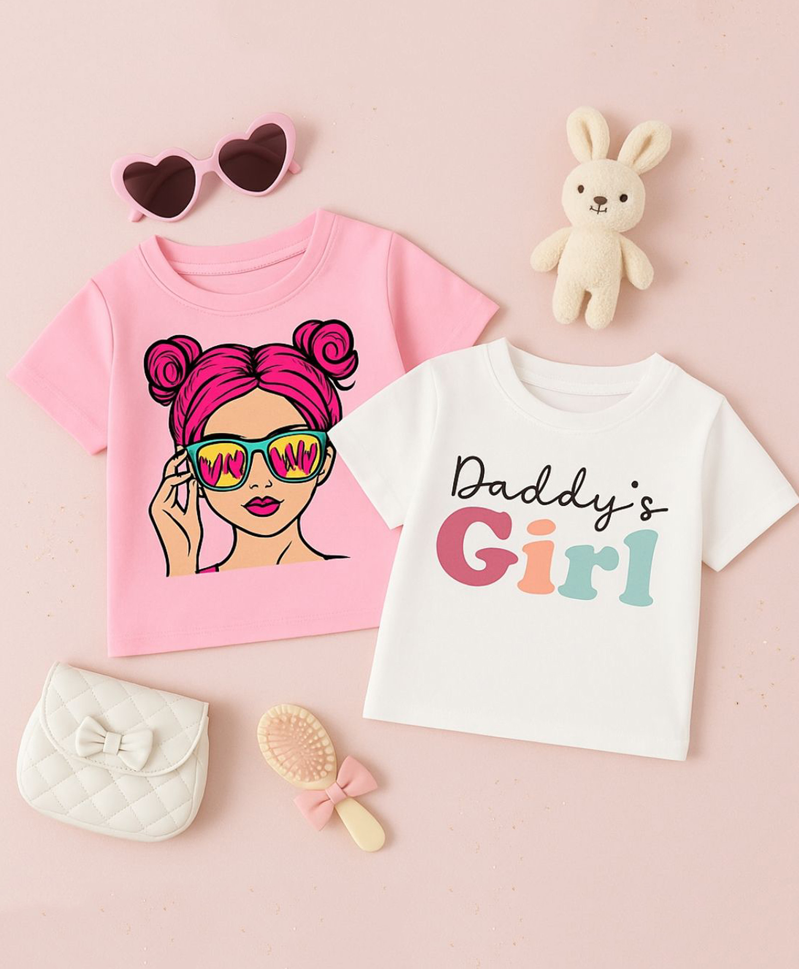 Luke and Lilly Cotton Knit Pack Of 2 Half Sleeves Cute Girl & Daddys Girl Text Printed Tees - White & Pink