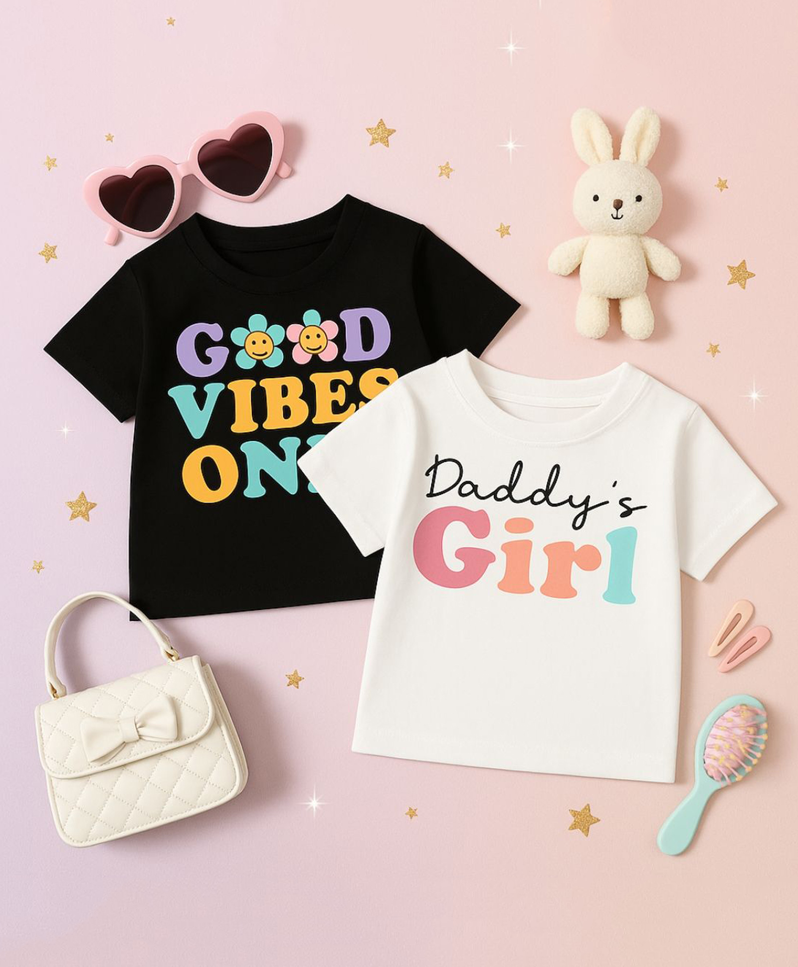 Luke and Lilly Cotton Knit Pack Of 2 Half Sleeves Good Vibes Only & Daddys Girl Text Printed Tees - Black & White-picture-10