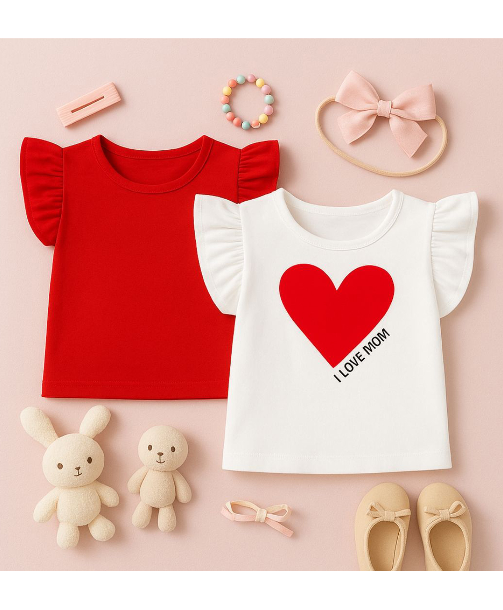 Luke and Lilly Cotton Knit Pack Of 2 Half Frill Sleeves Solid & Heart Printed Tops - White & Red-image-36