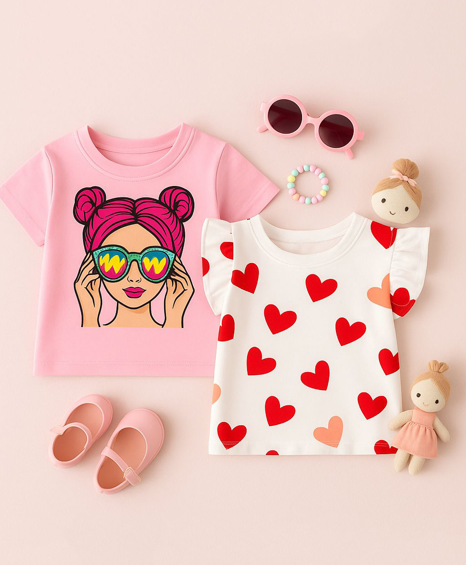Luke and Lilly Cotton Knit Pack Of 2 Half Sleeves Hearts & Cute Girl Printed Tees - White & Pink-image-4