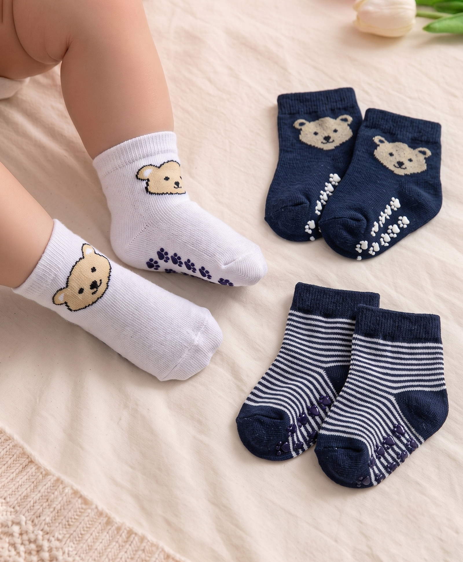 Cute Walk by Babyhug Knit Ankle Length Anti Bacterial Anti Skid Socks with Stripes & Animal Design Pack of 3 - White & Navy Blue-picture-11
