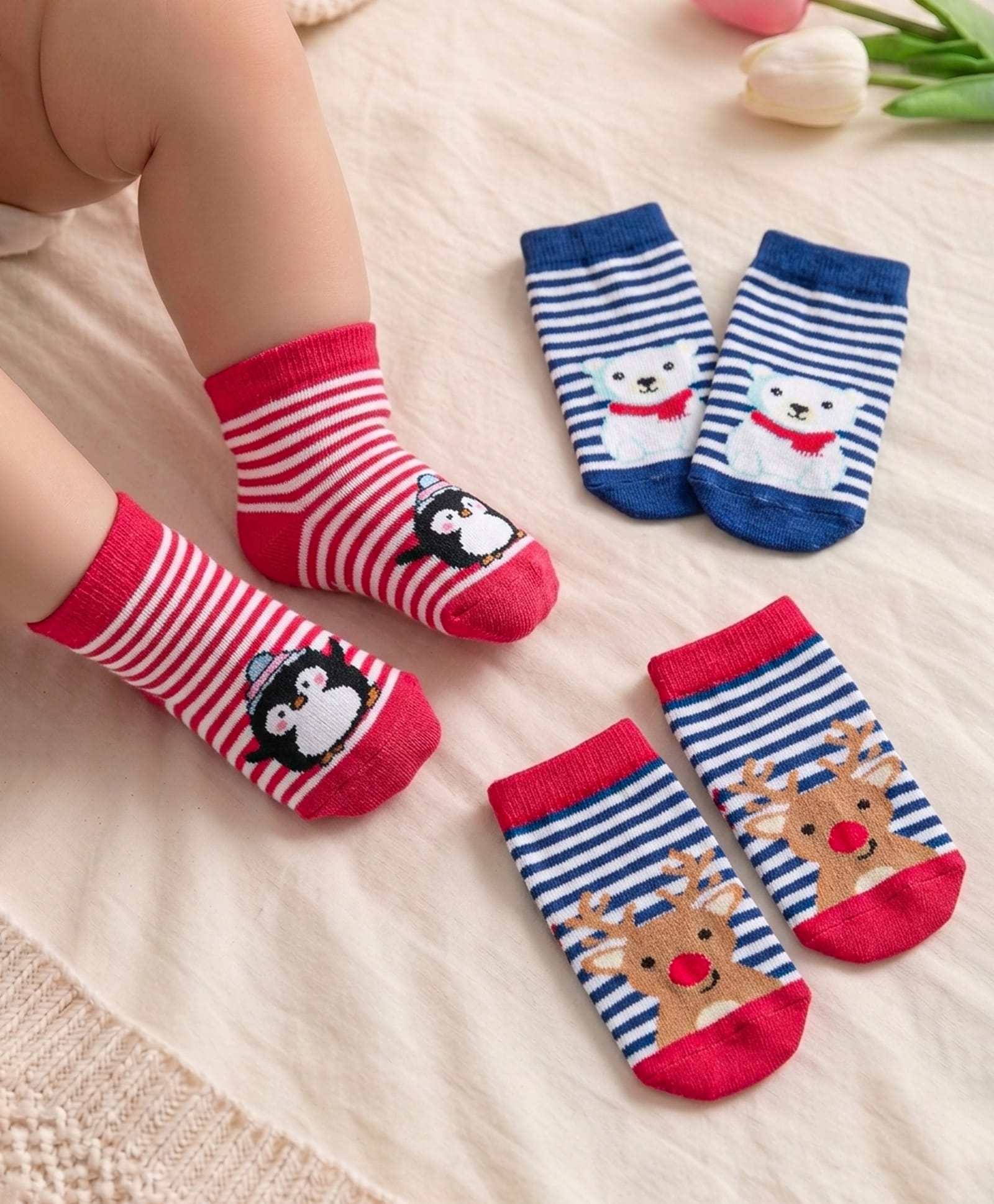 Cute Walk by Babyhug Knit Ankle Length Anti Bacterial Socks with Stripes & Animal Design Pack of 3 - Red & Navy Blue-picture-10