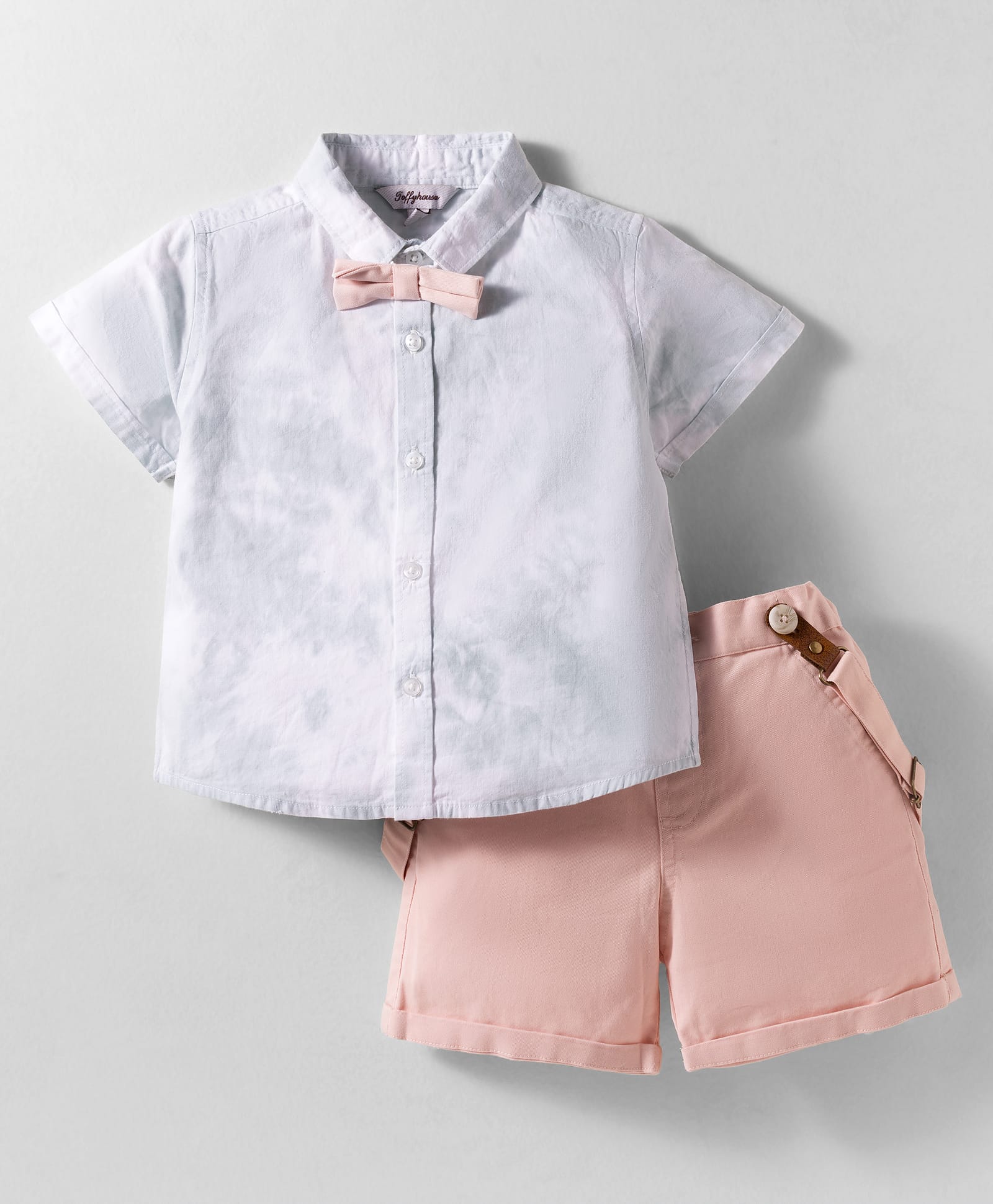 ToffyHouse Cotton Woven Half Sleeves Solid Color Shirt & Shorts Set with Bow & Suspender - Peach & Offwhite-picture-21