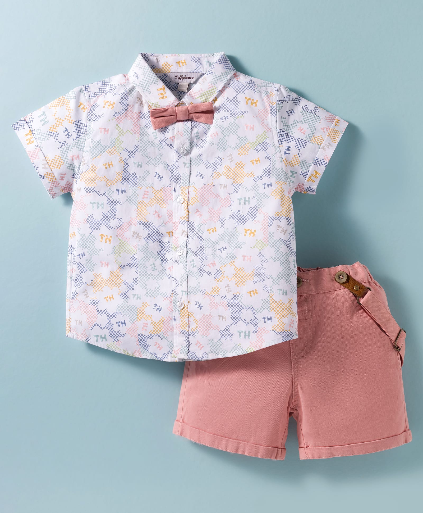 ToffyHouse Cotton Woven Half Sleeves Printed Shirt & Shorts Set with Bow & Suspender - Baby Pink & Multicolor-picture-33