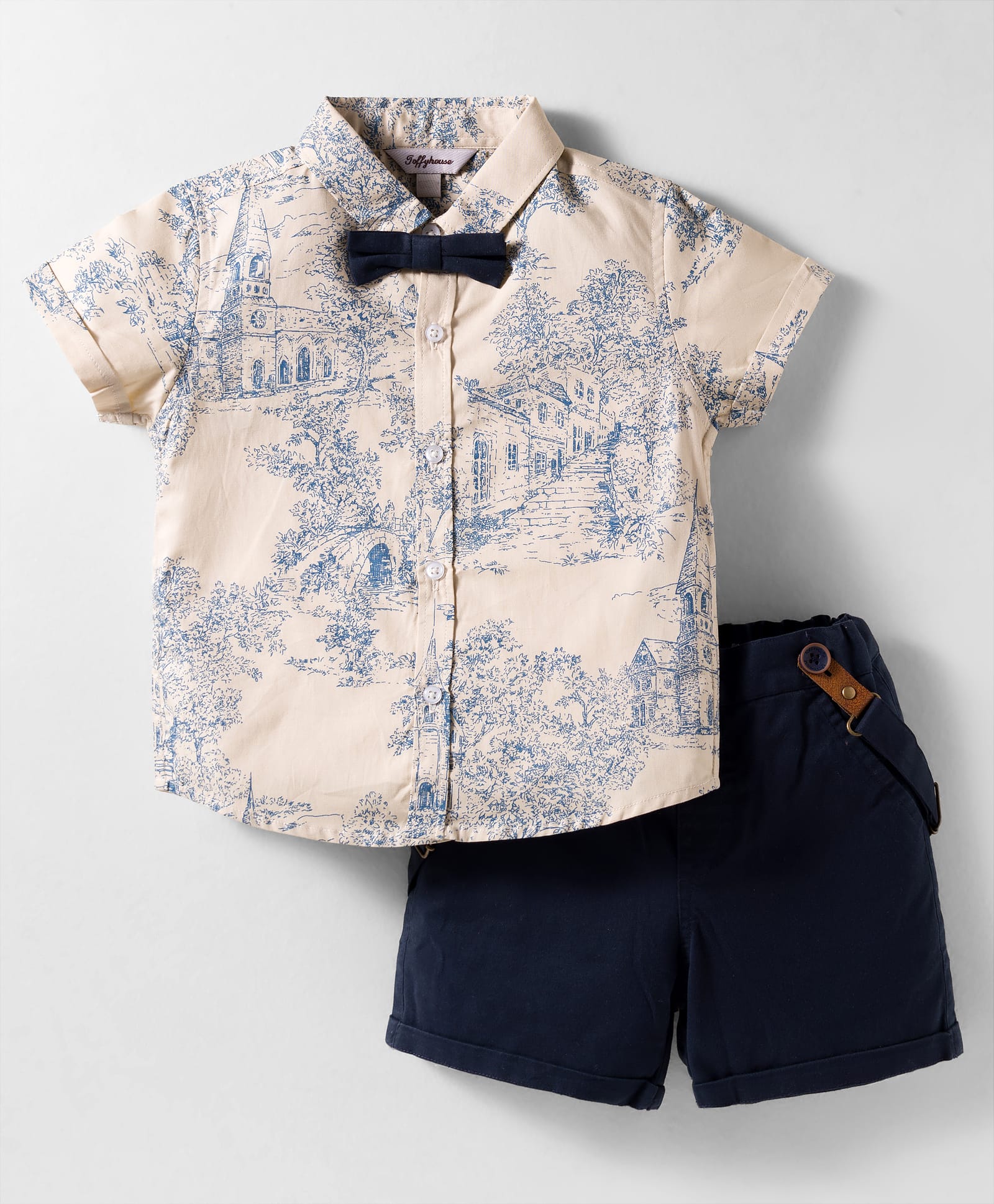 ToffyHouse Cotton Woven Half Sleeves Nature Print Shirt & Shorts Set with Bow & Suspender - Navy Blue & Beige-image-5