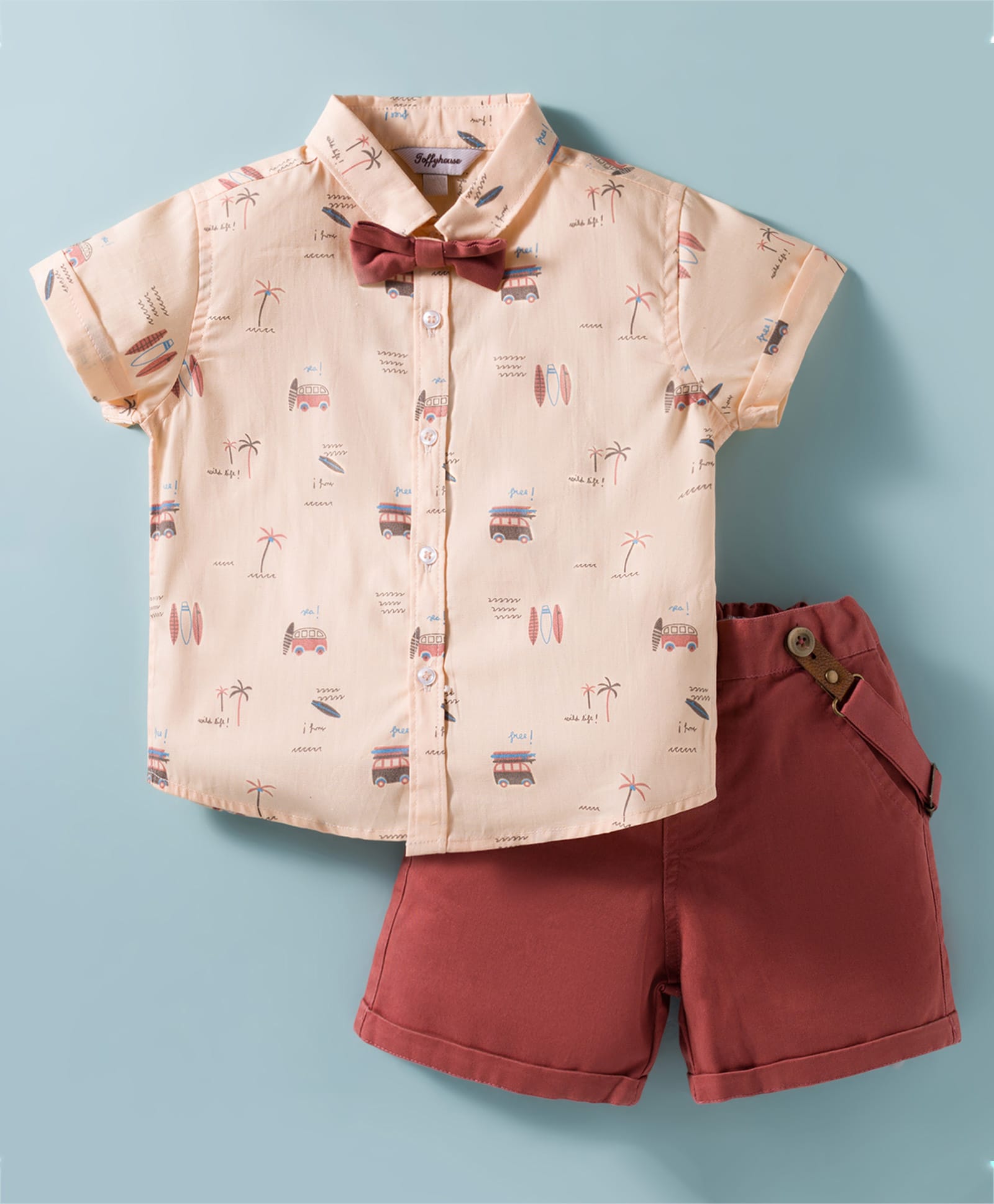ToffyHouse Cotton Woven Half Sleeves Beach Theme Printed Party Shirt & Shorts Set with Bow & Suspender - Maroon-picture-11