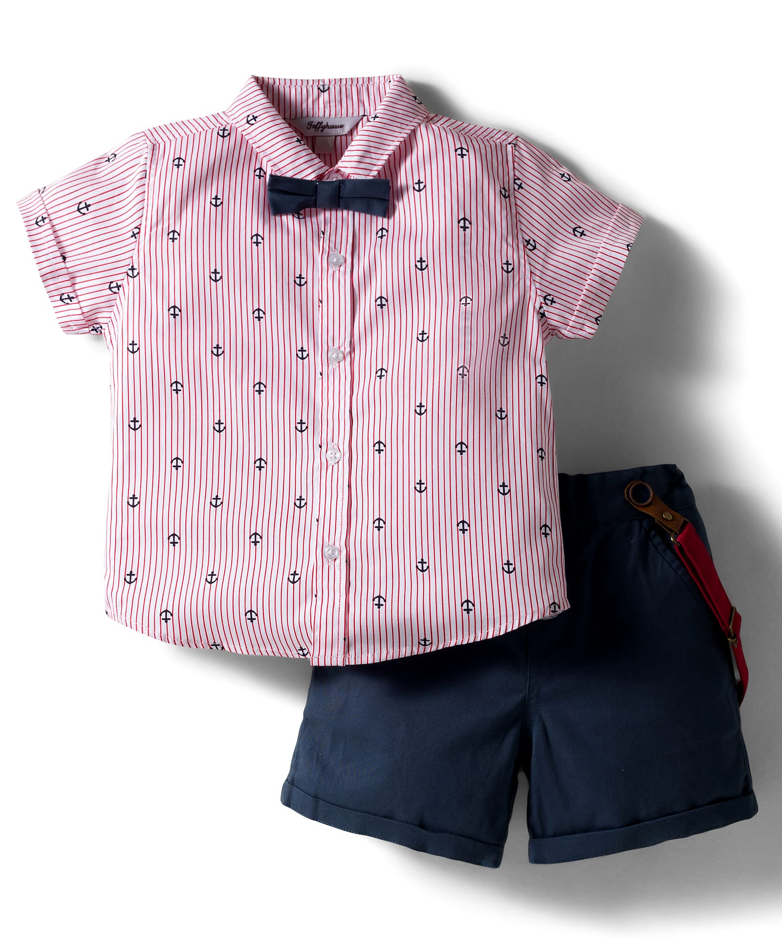 ToffyHouse Cotton Woven Half Sleeves Striped Shirt & Short Set with Bow & Applique - Navy Blue-picture-23