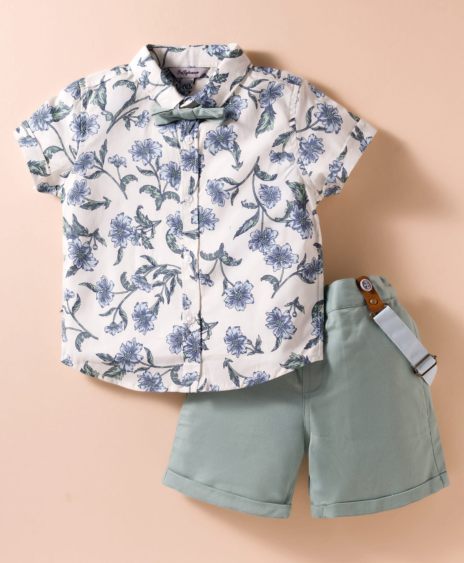 ToffyHouse Cotton Woven Half Sleeves Floral Print Shirt & Shorts Set with Bow & Suspender - Teal Blue & White-image-44