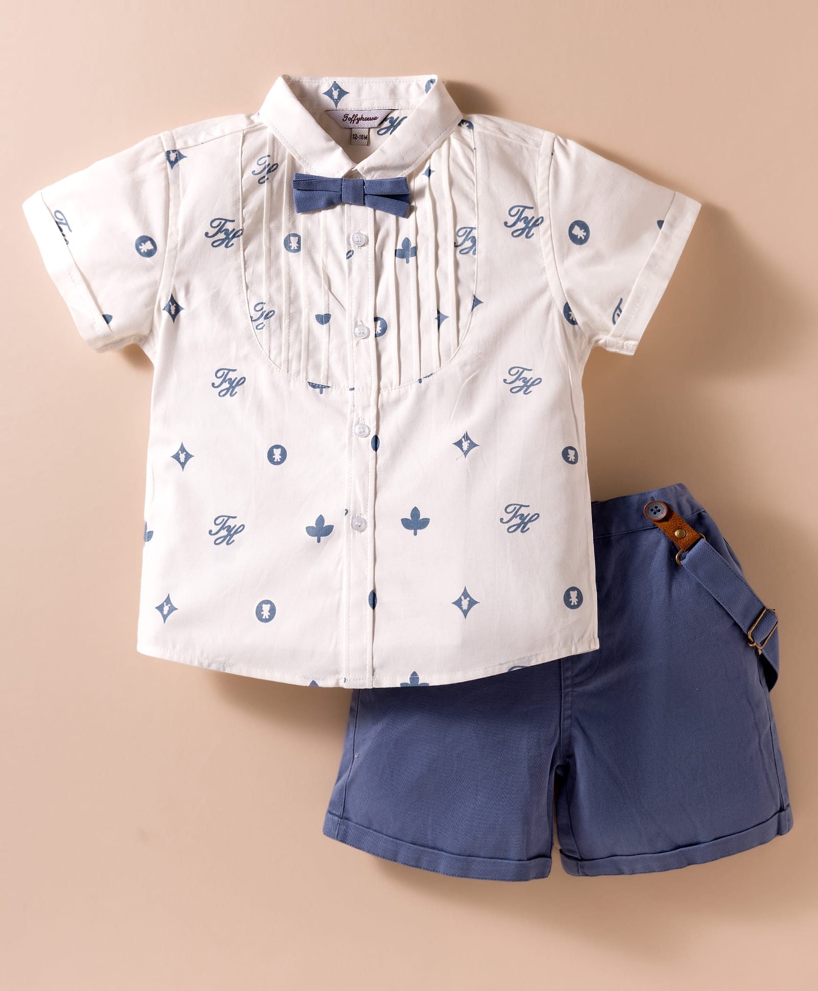 ToffyHouse Cotton Woven Half Sleeves Text Print Shirt & Shorts Set with Bow & Suspender - Navy Blue & Offwhite-picture-23