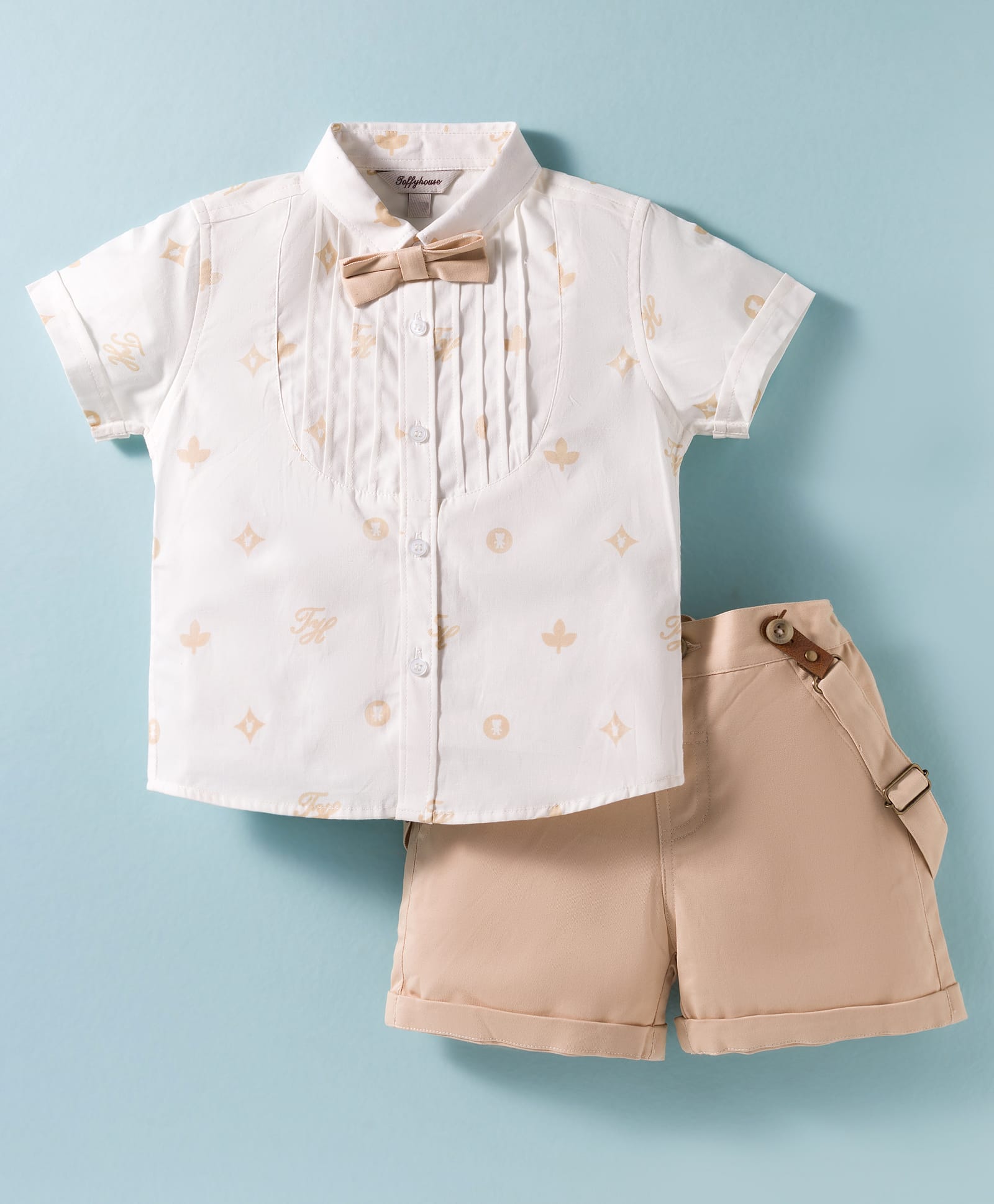 ToffyHouse Cotton Woven Half Sleeves Text Print Shirt & Shorts Set with Bow & Suspender - Khaki & White-image-11