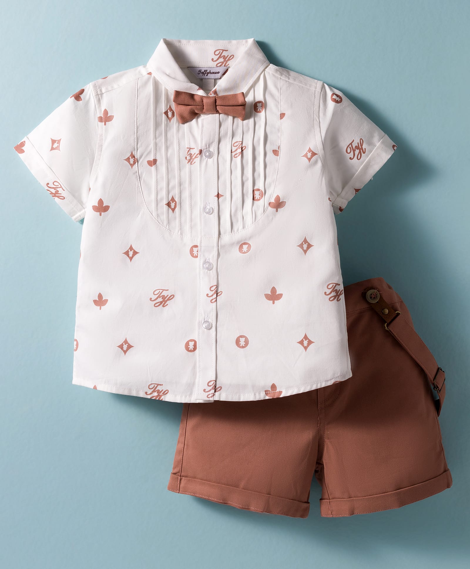 ToffyHouse Cotton Woven Half Sleeves Text Print Shirt & Shorts Set with Bow & Suspender - Maroon & White-image-12