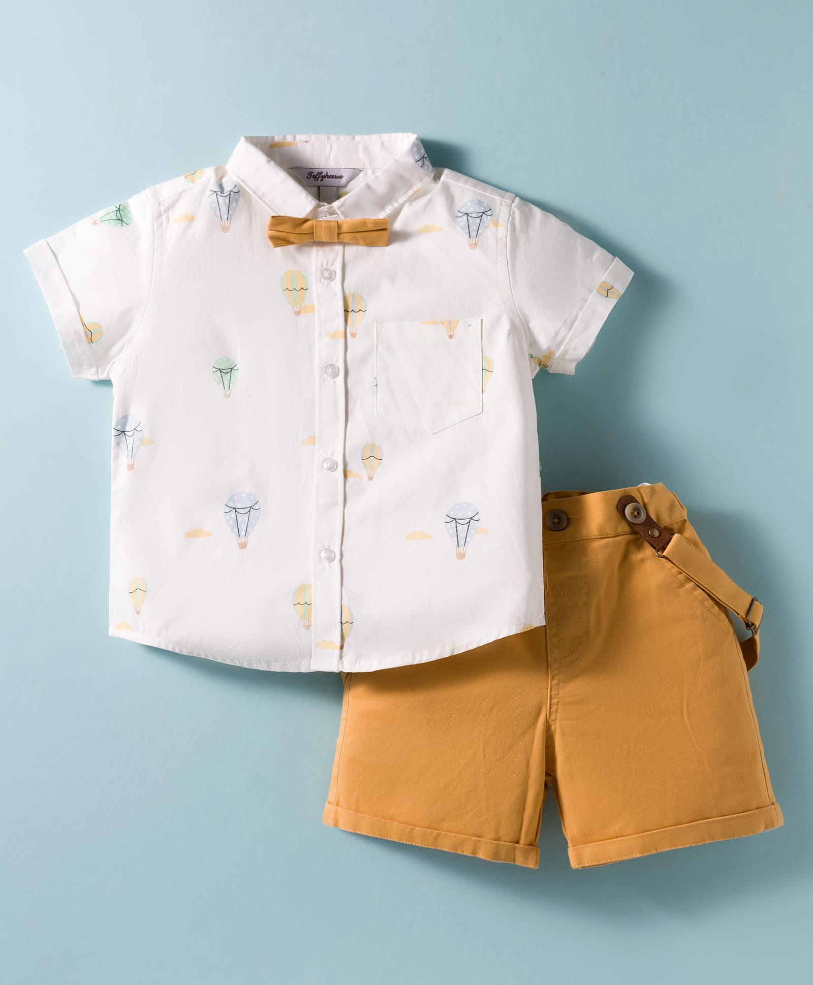 ToffyHouse Cotton Woven Half Sleeves Hot Air Balloon Print Shirt & Shorts Set with Bow & Suspender - Light Brown & White-image-25