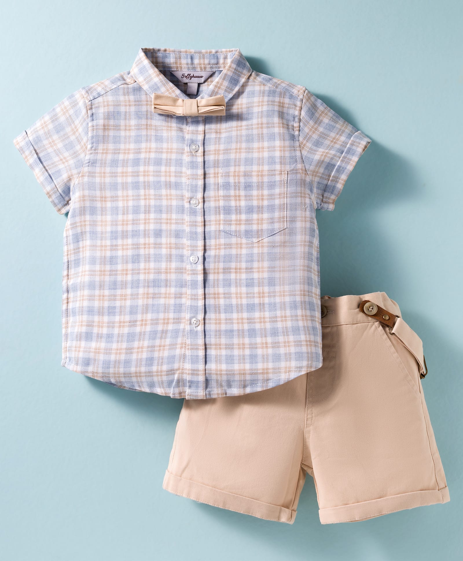 ToffyHouse Cotton Woven Half Sleeves Checks Shirt & Shorts Set with Bow & Suspender - Khaki & Multicolor-image-20