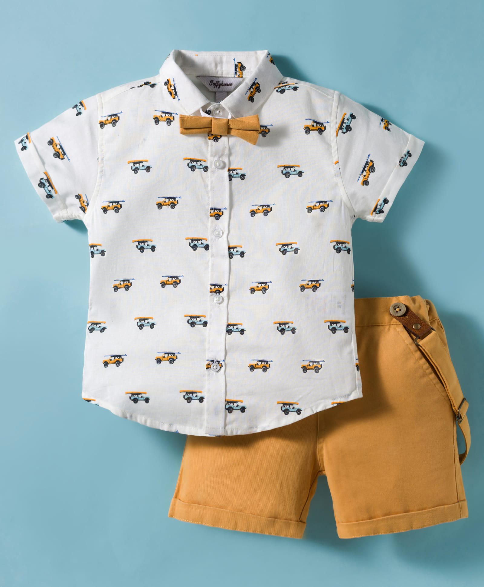 ToffyHouse Cotton Woven Half Sleeves Jeep Printed Party Shirt & Shorts Set With Bow & Suspender - Golden & White-picture-28