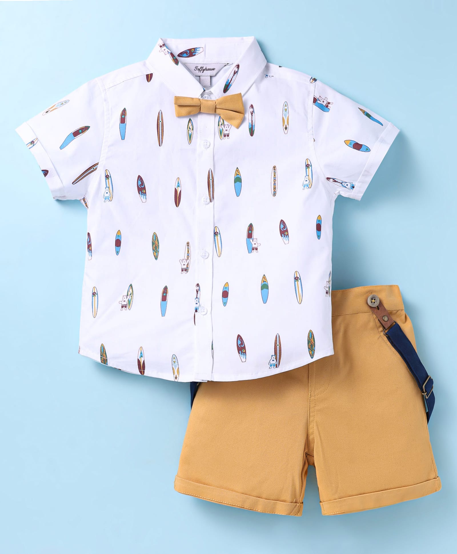 ToffyHouse Cotton Woven Half Sleeves Surfing Board & Animal Print Shirt & Shorts Set with Bow & Suspender - White & Light Brown-image-42