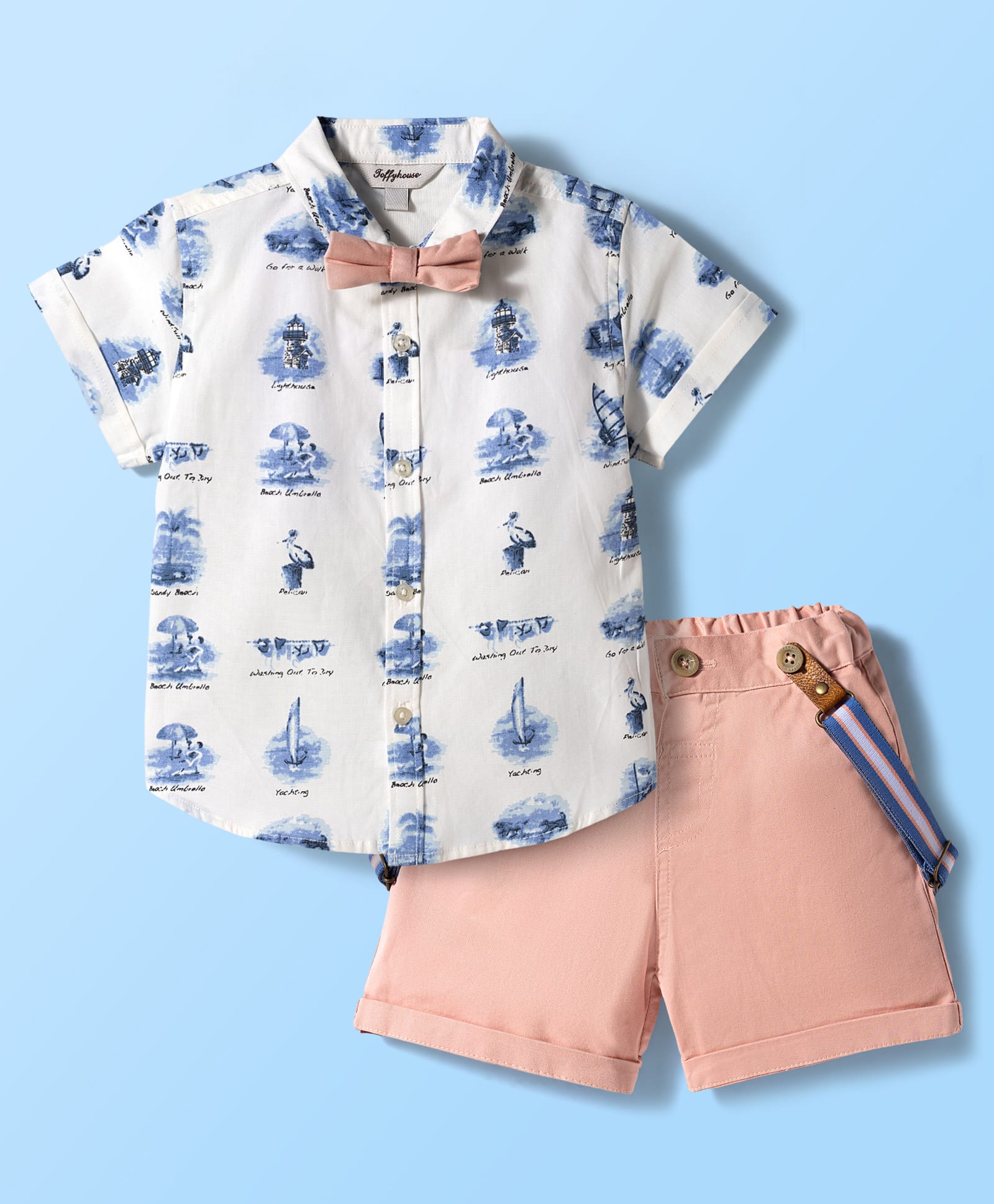 ToffyHouse Cotton Woven Half Sleeves Beach Theme Printed Shirt & Shorts Set With Bow & Suspender - Peach-picture-3