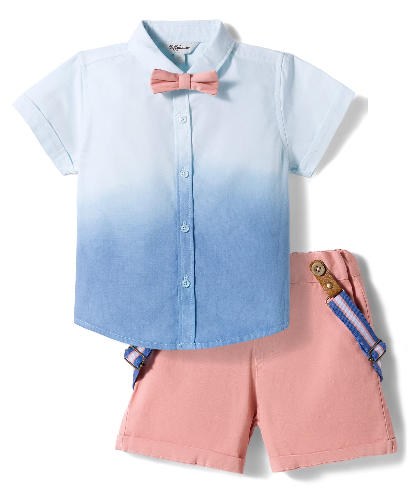 ToffyHouse Cotton Woven Half Sleeves Ombre Party Shirt & Shorts Set with Bow & Suspender - Dark Peach-picture-29
