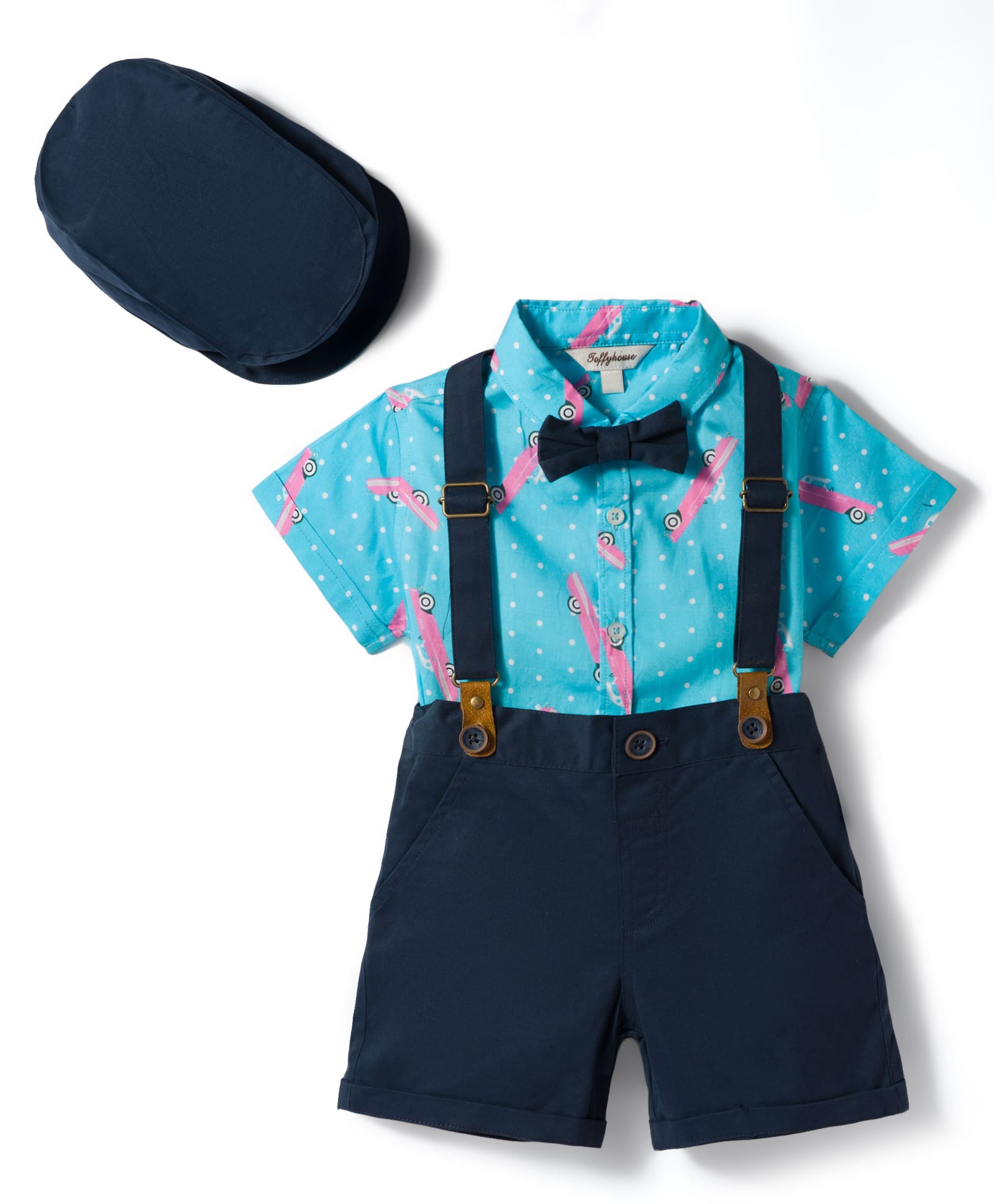 ToffyHouse Cotton Woven Half Sleeves Vehicles & Polka Dots Printed Shirt & Shorts Set With Suspender Bow & Cap - Navy Blue-picture-23
